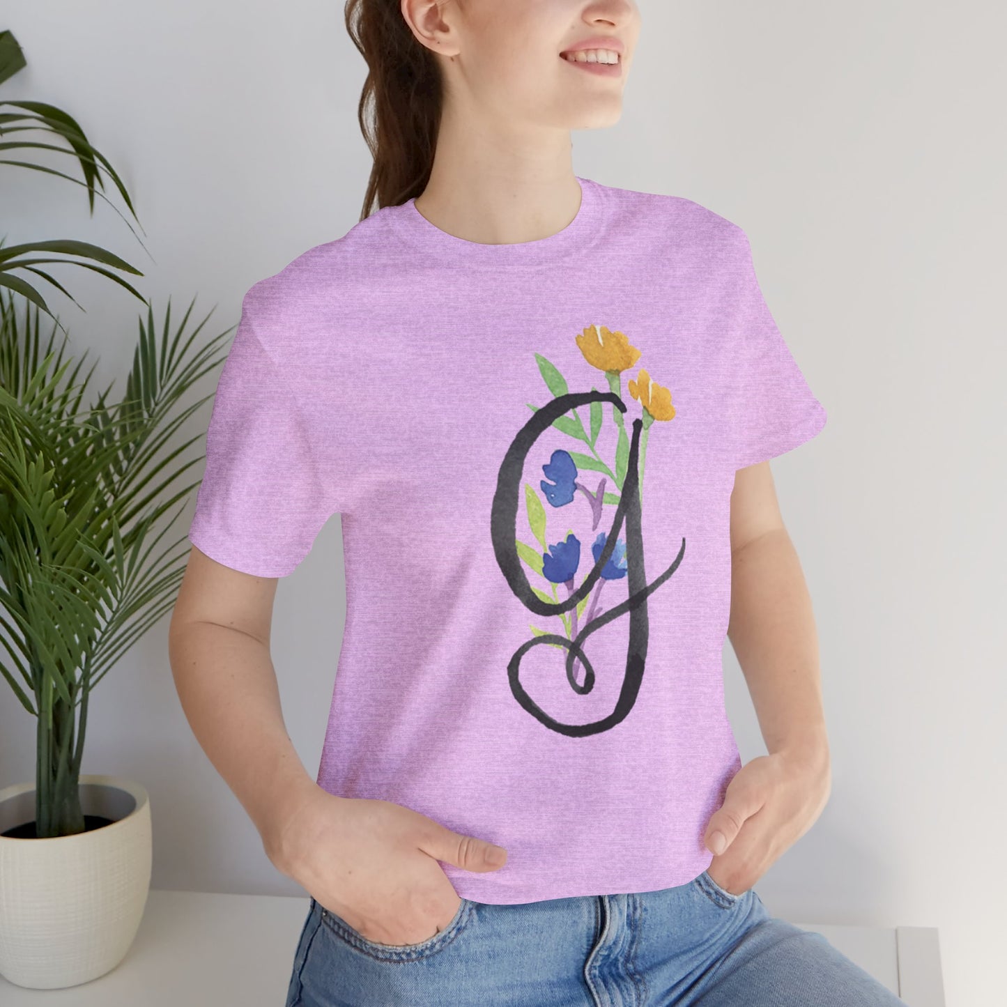 Clothing Stuff > Shirts & Tops > Unisex Jersey Tee Watercolor Flower Letter G T-Shirt – Garden Nerd Tee for Plant Moms