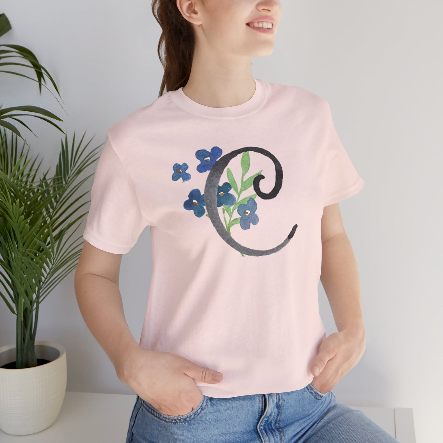 Clothing Stuff > Shirts & Tops > Unisex Jersey Tee Watercolor Flower Letter C T-Shirt – Garden Nerd Tee for Plant Moms