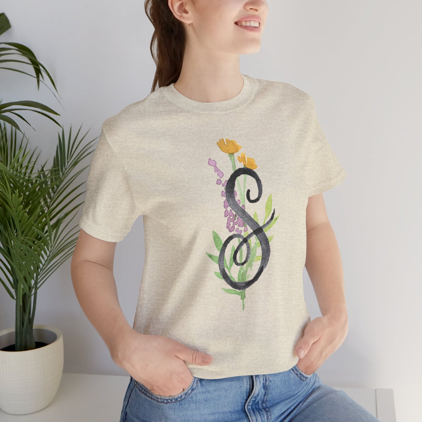 Clothing Stuff > Shirts & Tops > Unisex Jersey Tee Watercolor Flower Letter S T-Shirt – Garden Nerd Tee for Plant Moms