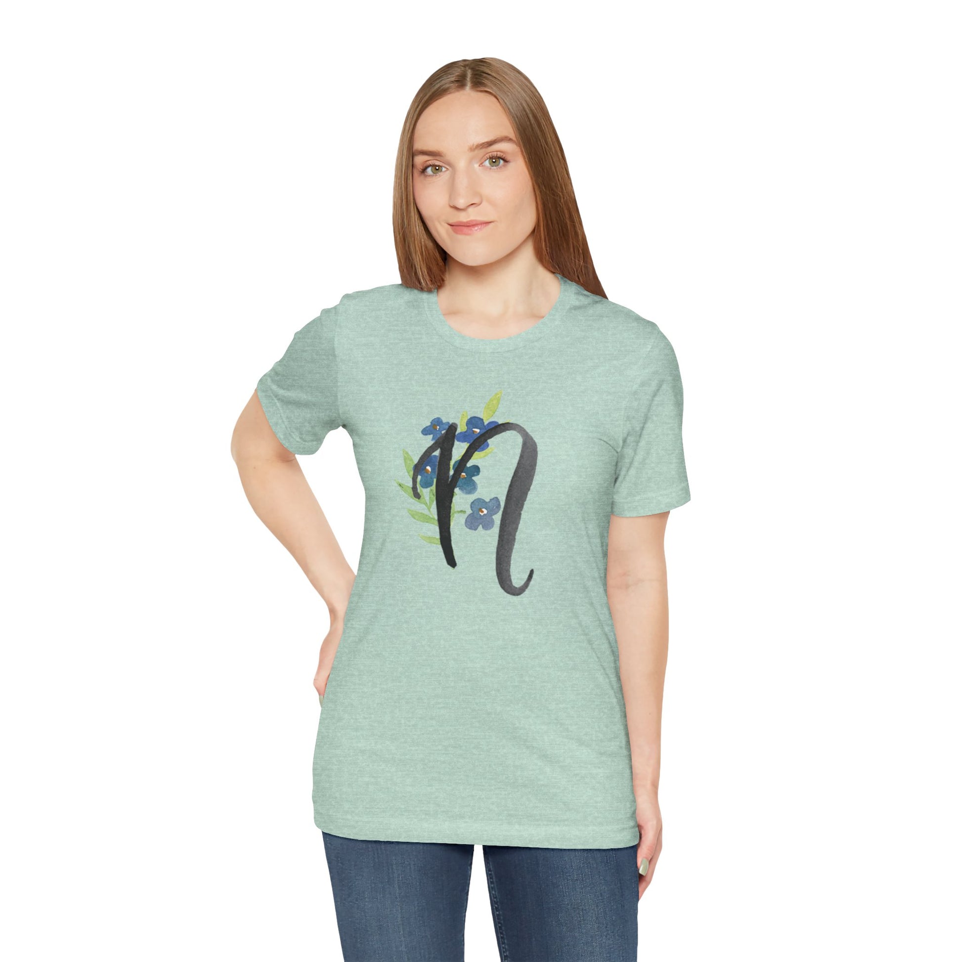 Clothing Stuff > Shirts & Tops > Unisex Jersey Tee Watercolor Flower Letter N T-Shirt – Garden Nerd Tee for Plant Moms