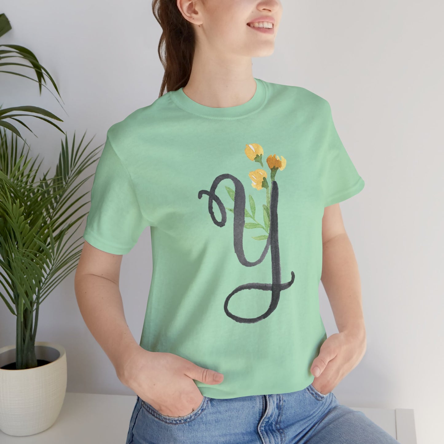 Clothing Stuff > Shirts & Tops > Unisex Jersey Tee Watercolor Flower Letter Y T-Shirt – Garden Nerd Tee for Plant Moms