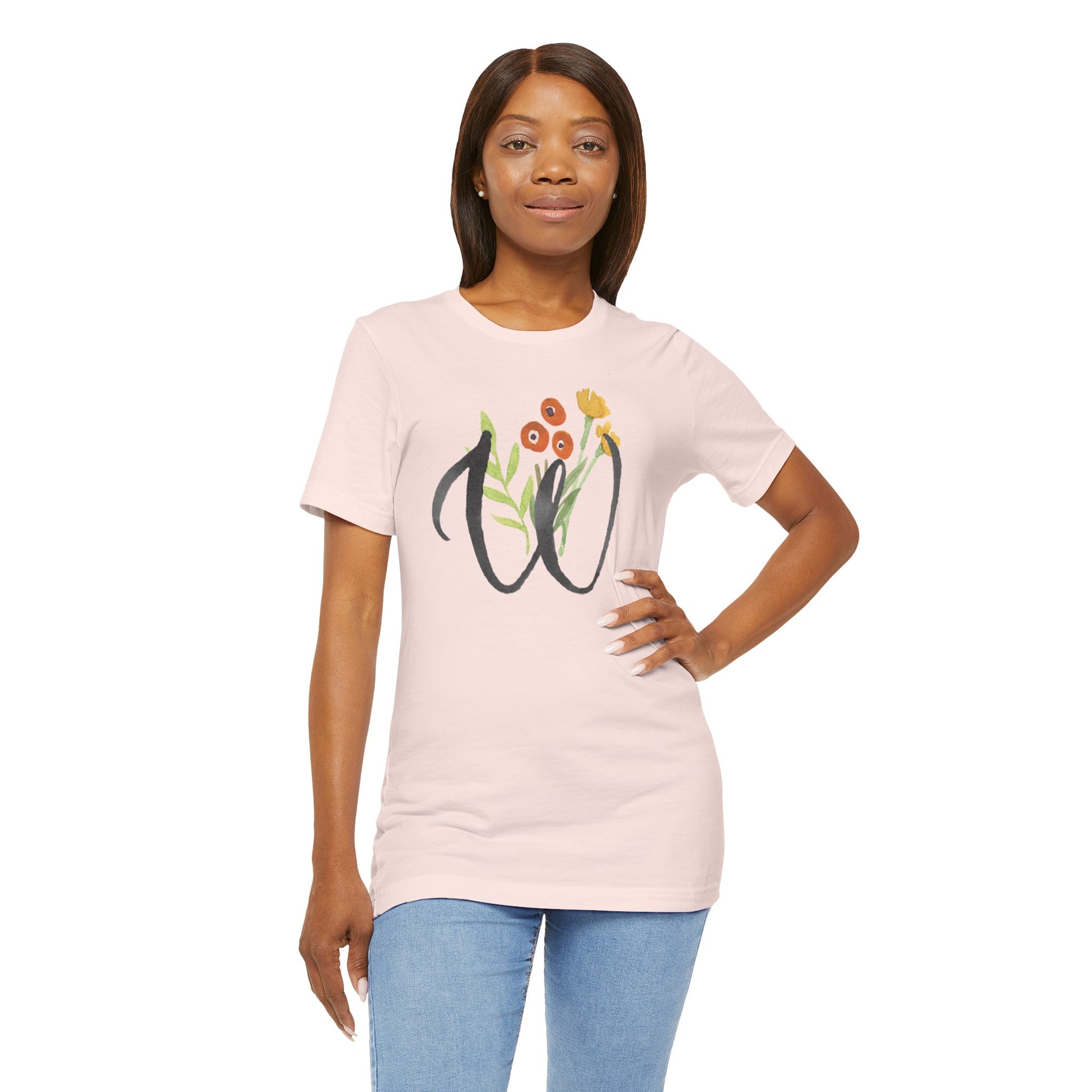 Clothing Stuff > Shirts & Tops > Unisex Jersey Tee Watercolor Flower Letter W T-Shirt – Garden Nerd Tee for Plant Moms