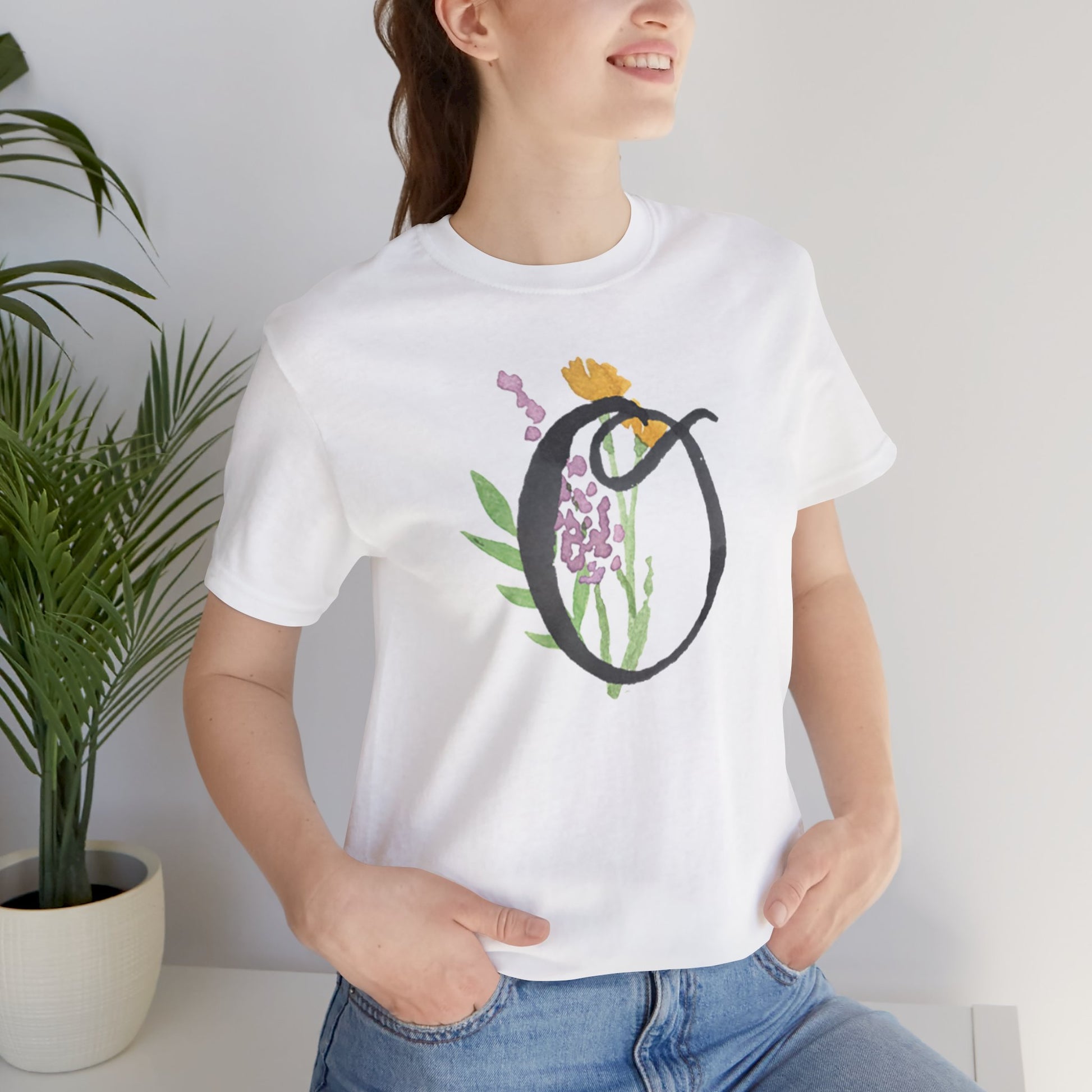 Clothing Stuff > Shirts & Tops > Unisex Jersey Tee Watercolor Flower Letter O T-Shirt – Garden Nerd Tee for Plant Moms