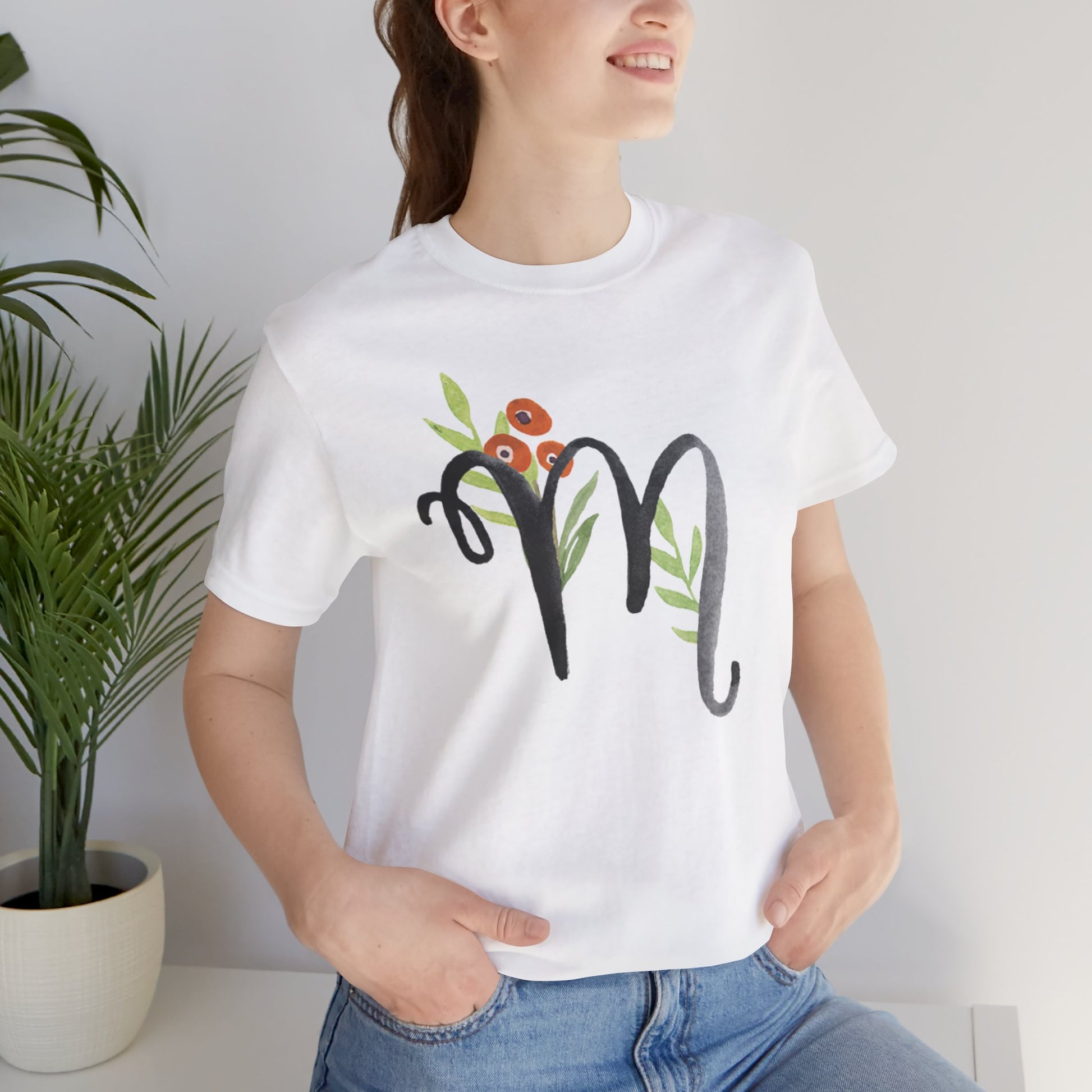 Clothing Stuff > Shirts & Tops > Unisex Jersey Tee Watercolor Flower Letter M T-Shirt – Garden Nerd Tee for Plant Moms