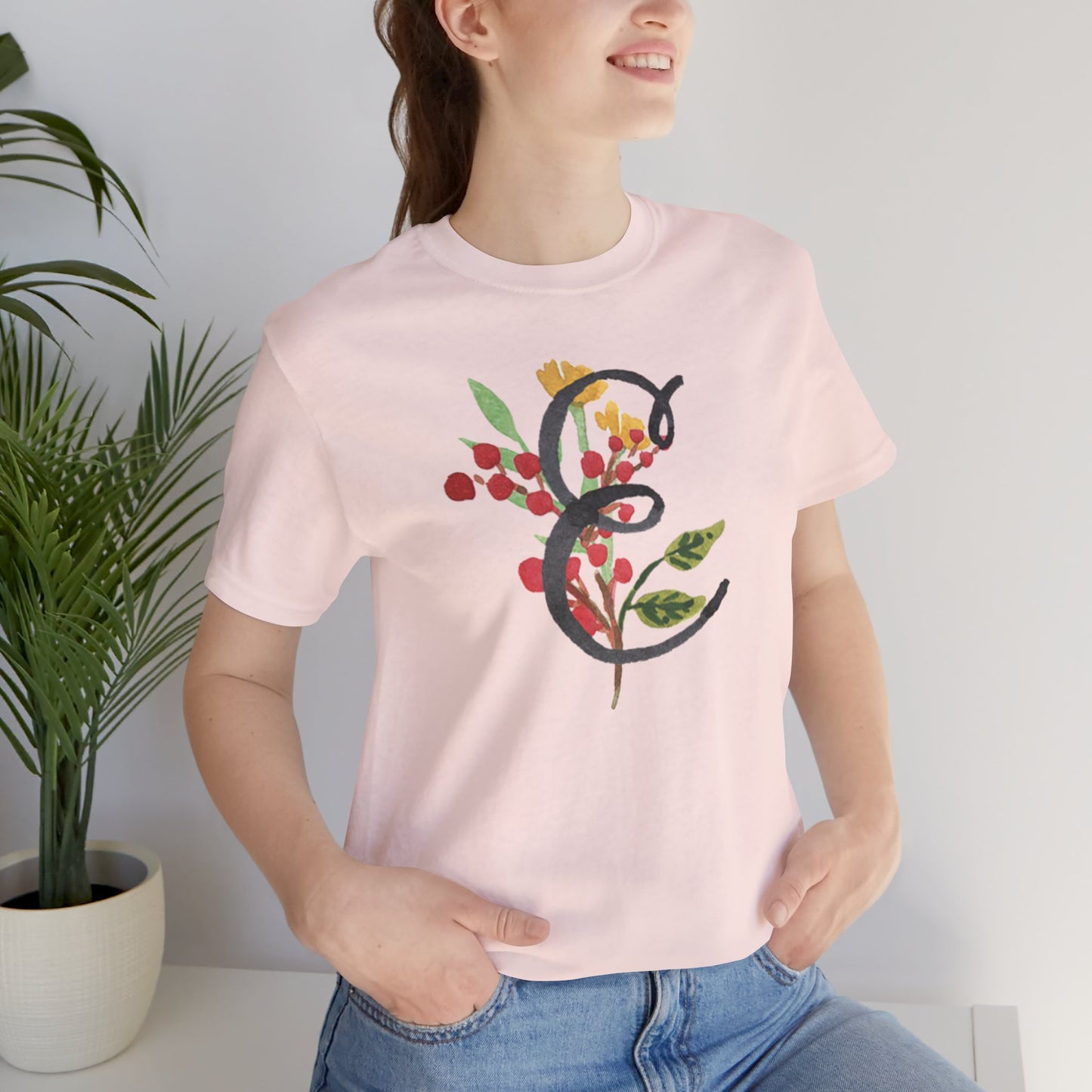Clothing Stuff > Shirts & Tops > Unisex Jersey Tee Watercolor Flower Letter E T-Shirt – Garden Nerd Tee for Plant Moms