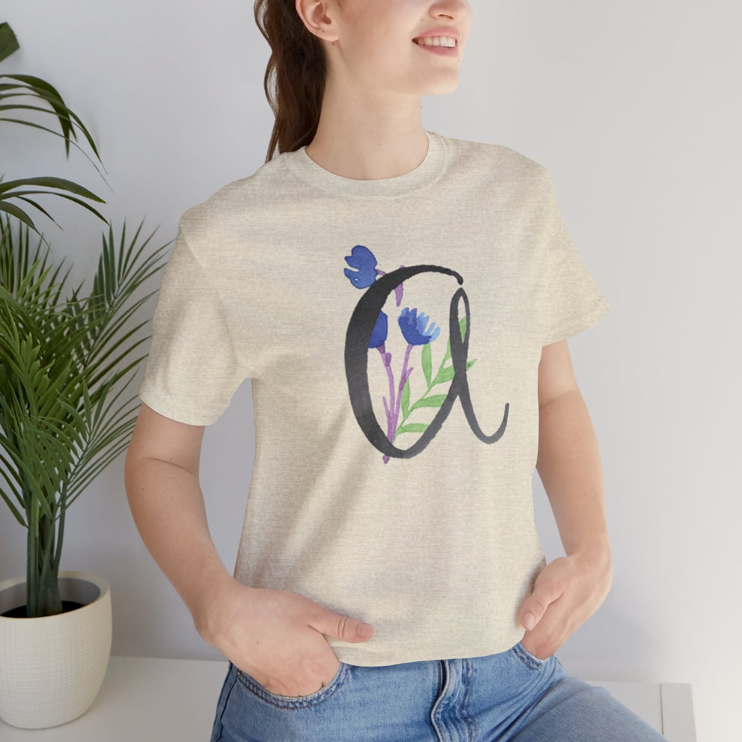 Clothing Stuff > Shirts & Tops > Unisex Jersey Tee Watercolor Flower Letter A T-Shirt – Garden Nerd Tee for Plant Moms