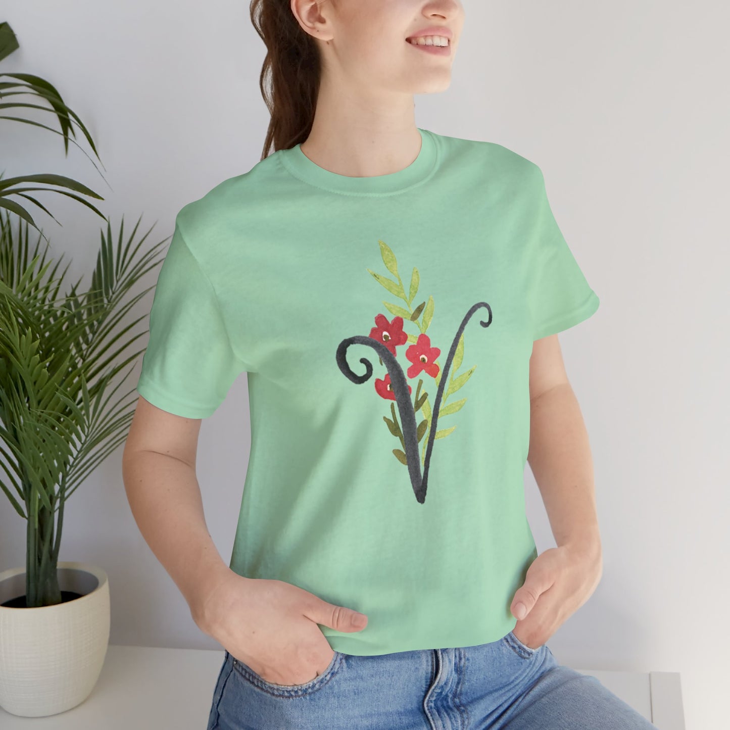 Clothing Stuff > Shirts & Tops > Unisex Jersey Tee Watercolor Flower Letter V T-Shirt – Garden Nerd Tee for Plant Moms
