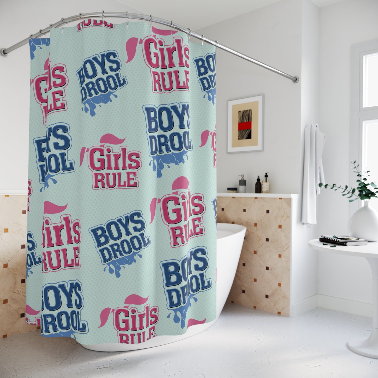 Girls Rule, Boys Drool — Fabric Shower Curtain — Quick-Dry Polyester, Standard 71×74 in, Retro Polkadot Pattern