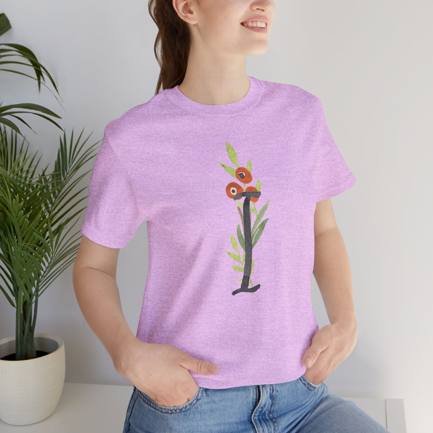 Clothing Stuff > Shirts & Tops > Unisex Jersey Tee Watercolor Flower Letter I T-Shirt – Garden Nerd Tee for Plant Moms
