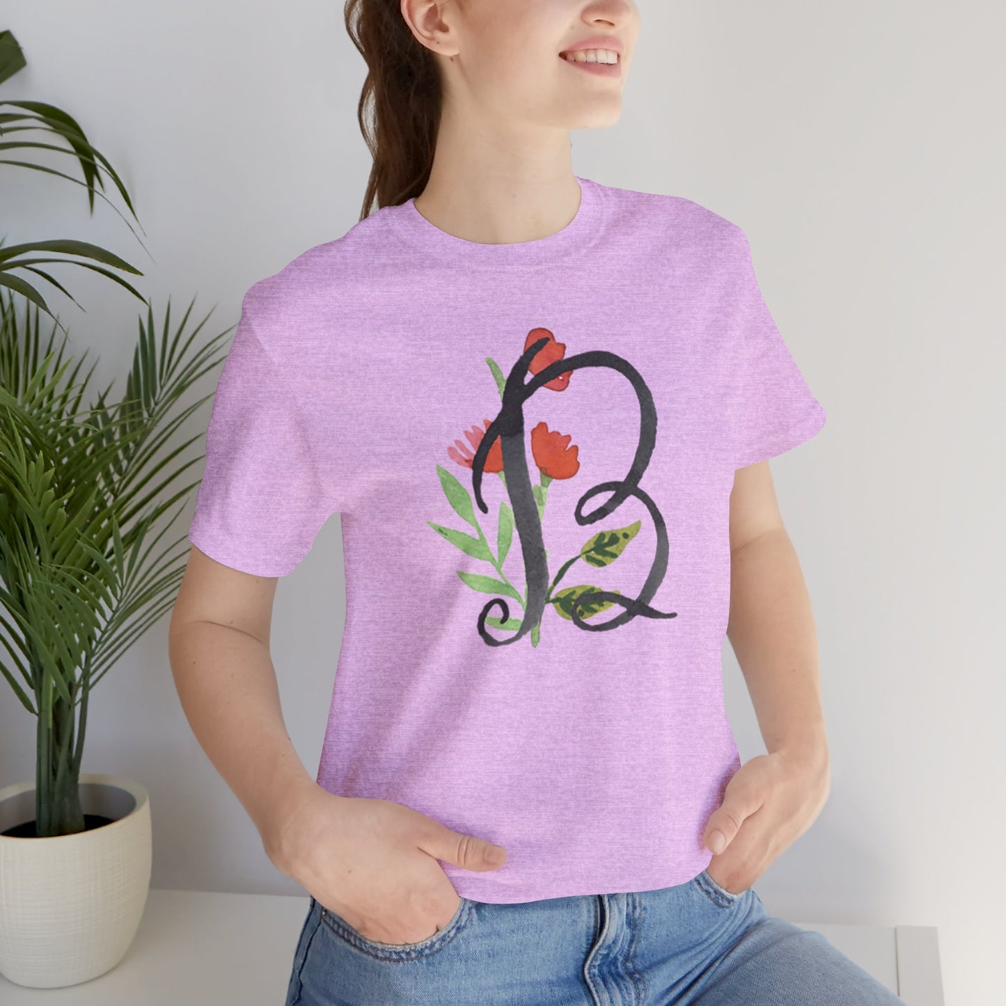 Clothing Stuff > Shirts & Tops > Unisex Jersey Tee Watercolor Flower Letter B T-Shirt – Garden Nerd Tee for Plant Moms