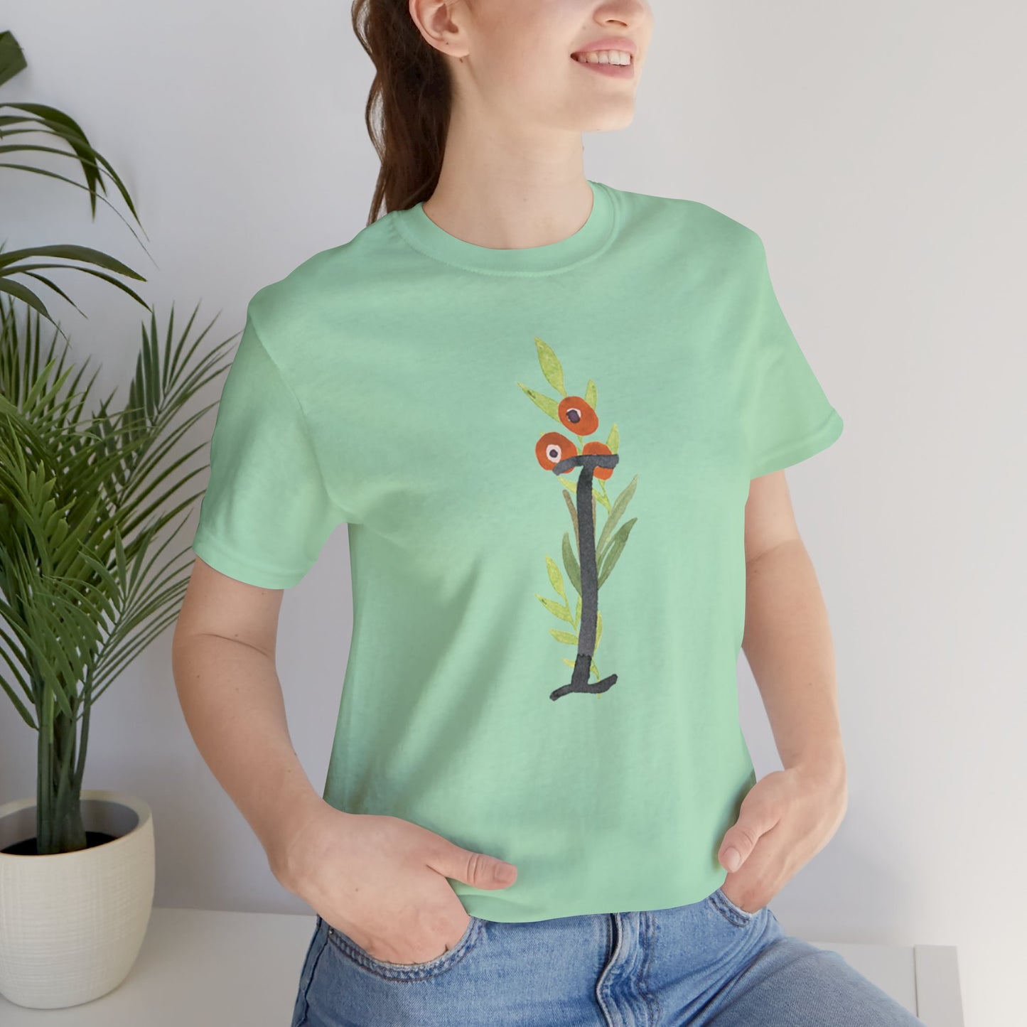 Clothing Stuff > Shirts & Tops > Unisex Jersey Tee Watercolor Flower Letter I T-Shirt – Garden Nerd Tee for Plant Moms