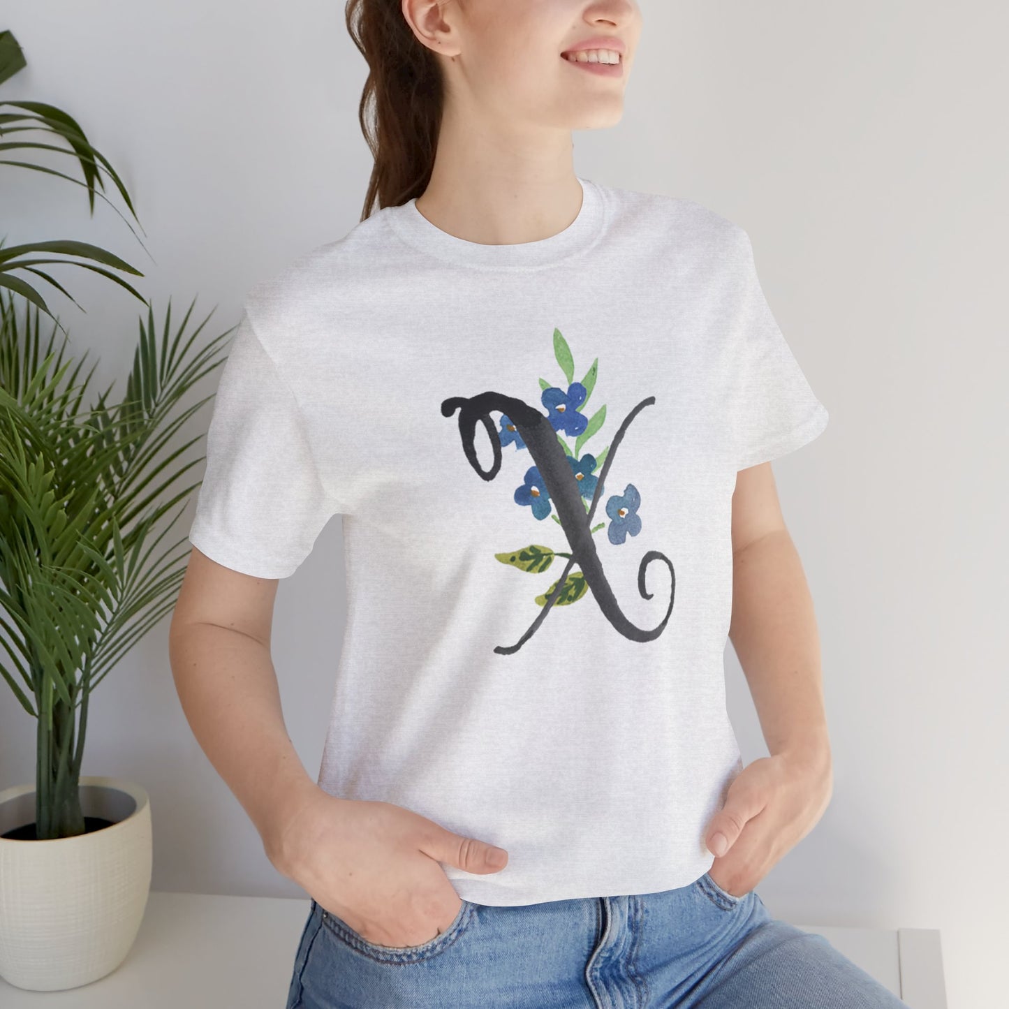 Clothing Stuff > Shirts & Tops > Unisex Jersey Tee Watercolor Flower Letter X T-Shirt – Garden Nerd Tee for Plant Moms