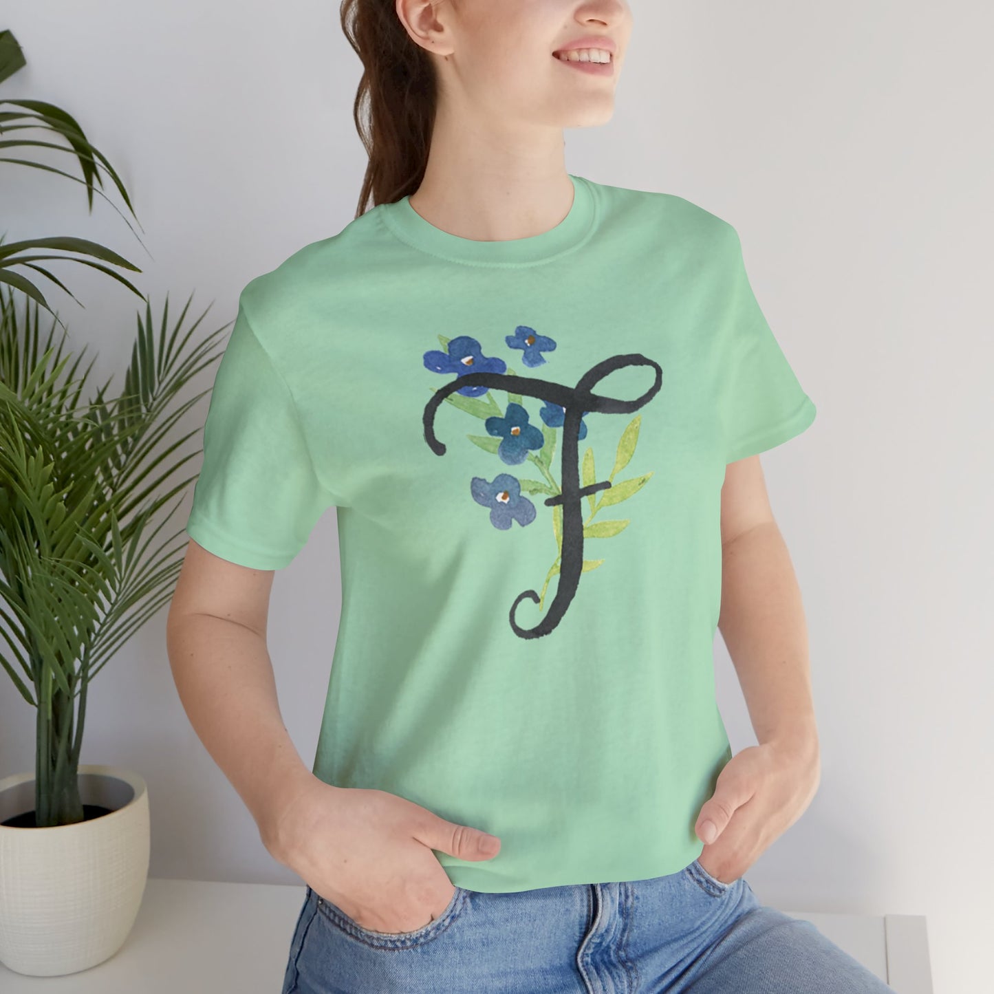 Clothing Stuff > Shirts & Tops > Unisex Jersey Tee Watercolor Flower Letter F T-Shirt – Garden Nerd Tee for Plant Moms
