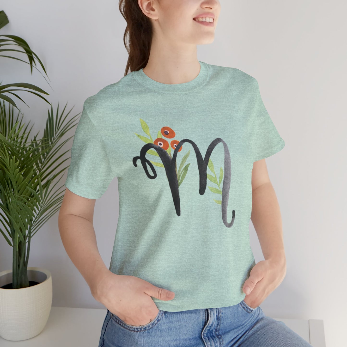 Clothing Stuff > Shirts & Tops > Unisex Jersey Tee Watercolor Flower Letter M T-Shirt – Garden Nerd Tee for Plant Moms