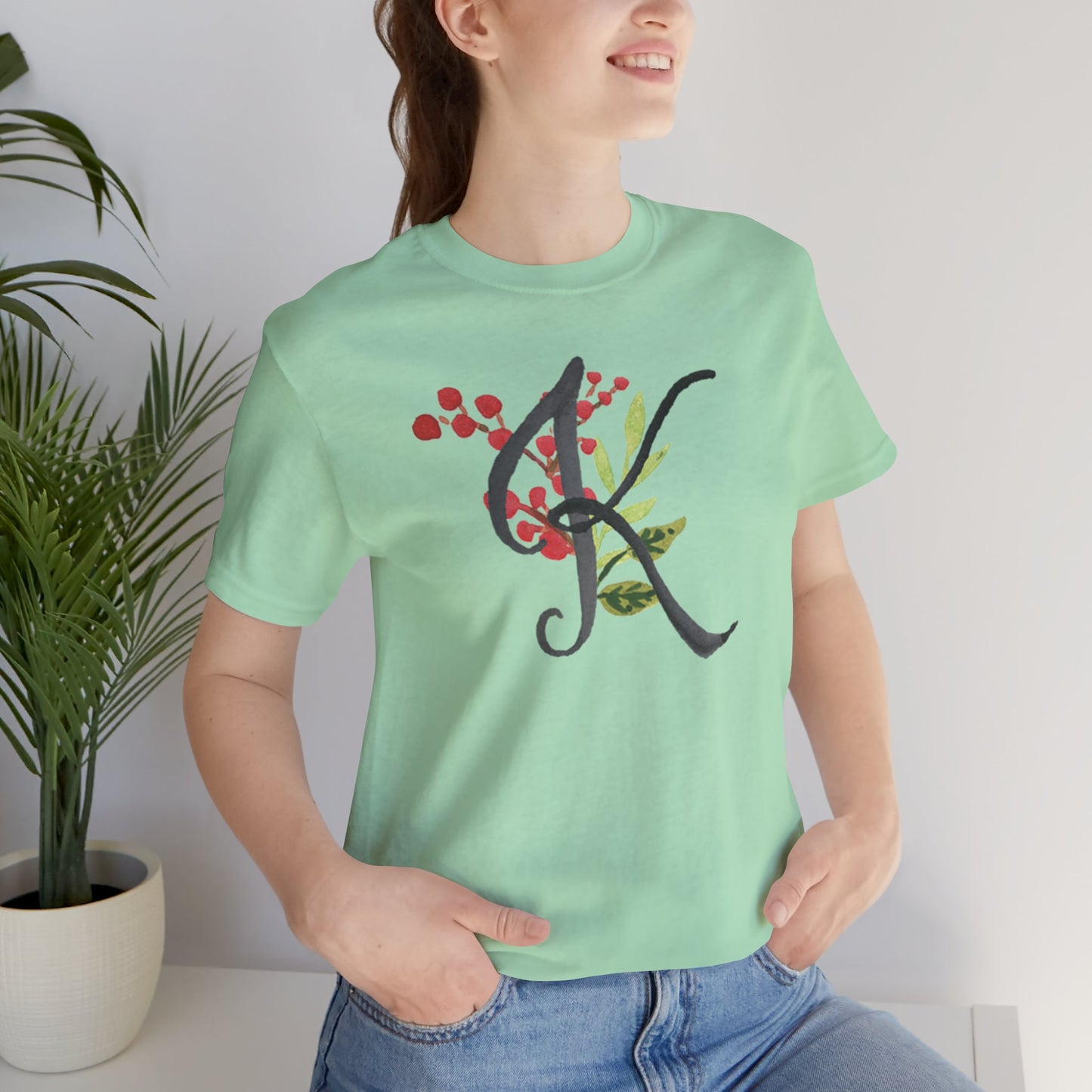 Clothing Stuff > Shirts & Tops > Unisex Jersey Tee Watercolor Flower Letter K T-Shirt – Garden Nerd Tee for Plant Moms