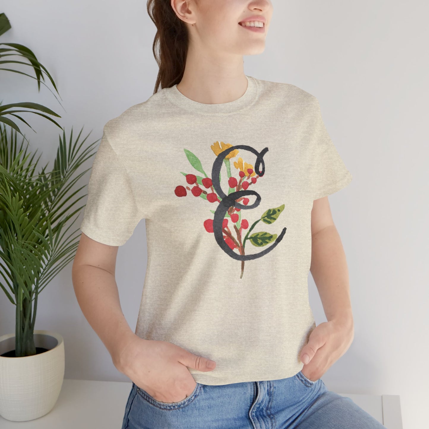 Clothing Stuff > Shirts & Tops > Unisex Jersey Tee Watercolor Flower Letter E T-Shirt – Garden Nerd Tee for Plant Moms