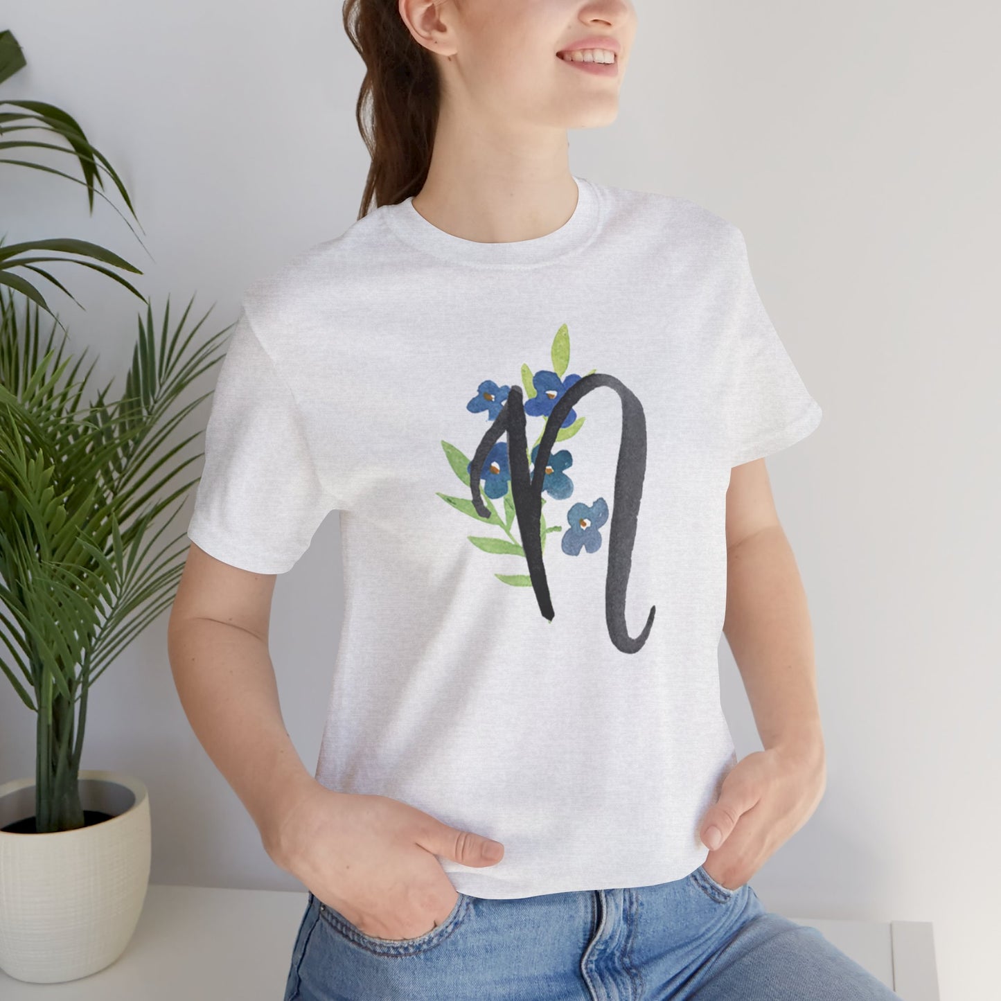 Clothing Stuff > Shirts & Tops > Unisex Jersey Tee Watercolor Flower Letter N T-Shirt – Garden Nerd Tee for Plant Moms