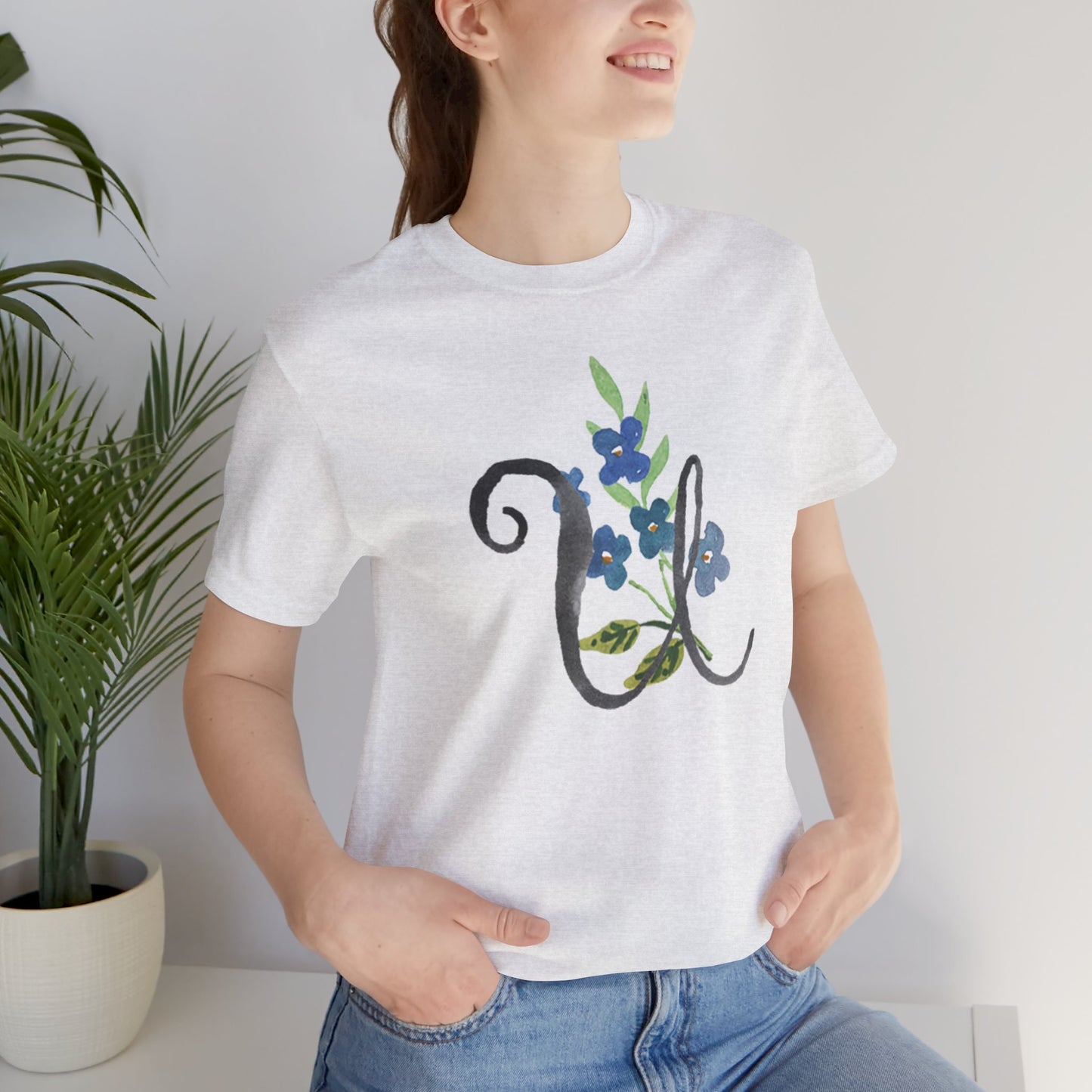 Clothing Stuff > Shirts & Tops > Unisex Jersey Tee Watercolor Flower Letter U T-Shirt – Garden Nerd Tee for Plant Moms