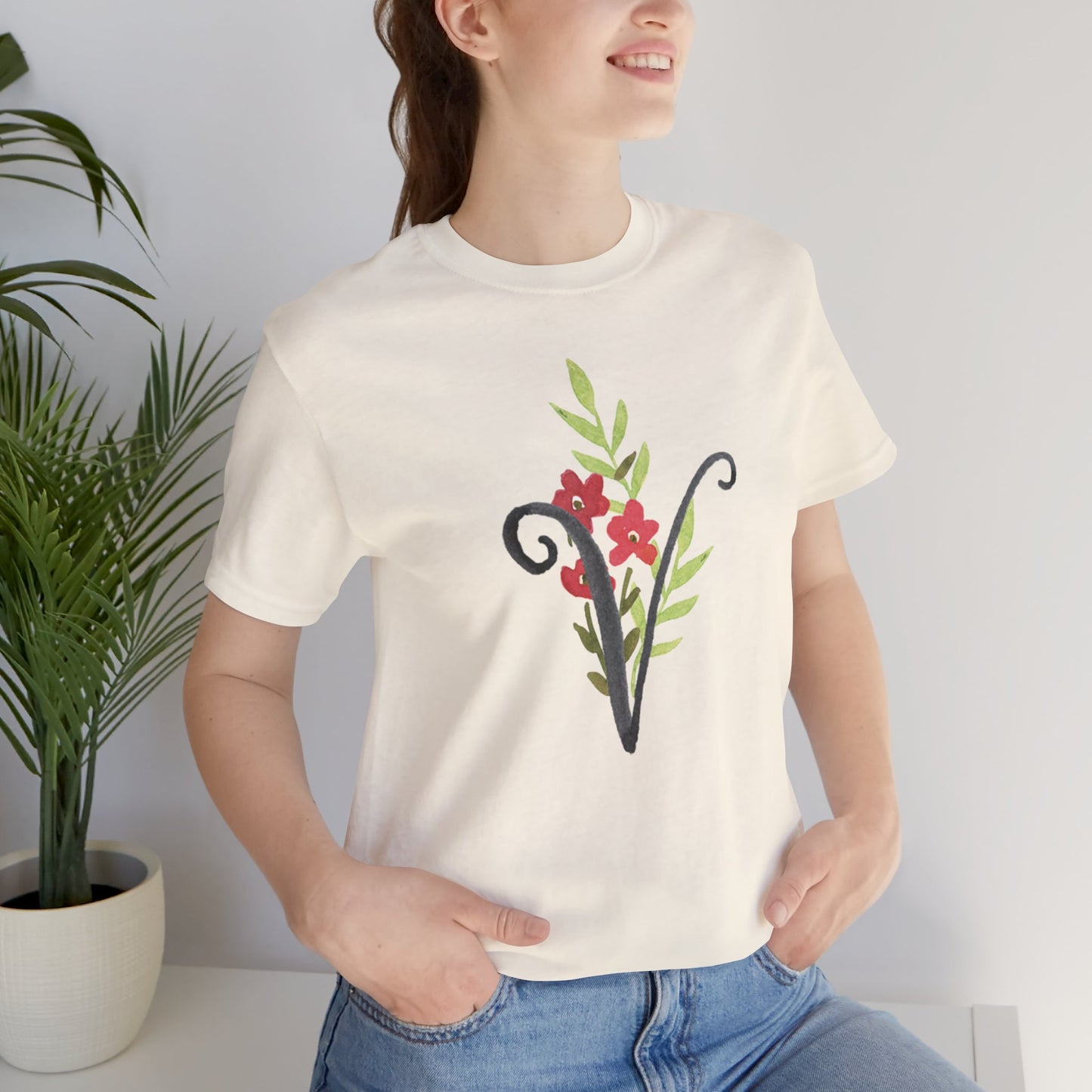 Clothing Stuff > Shirts & Tops > Unisex Jersey Tee Watercolor Flower Letter V T-Shirt – Garden Nerd Tee for Plant Moms