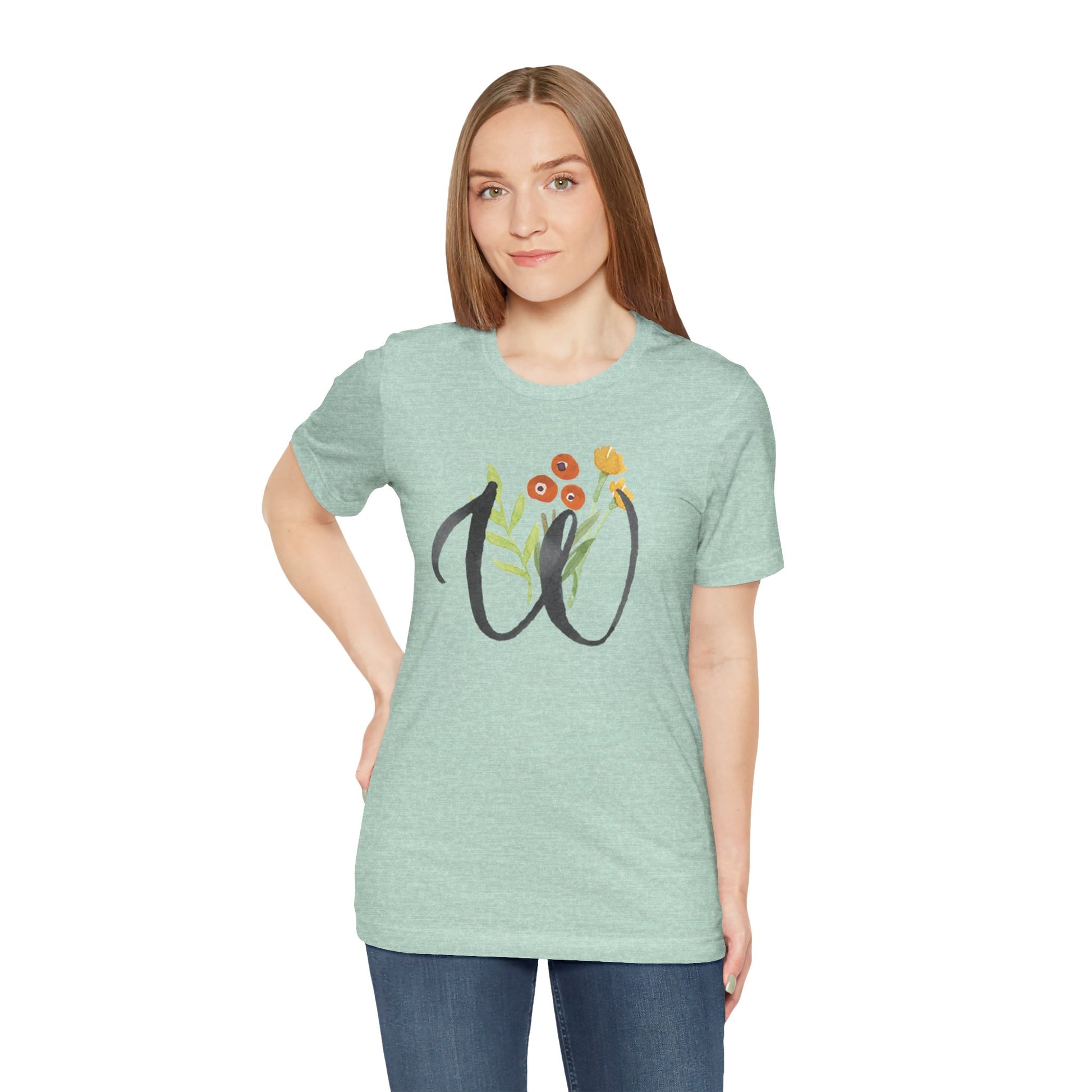 Clothing Stuff > Shirts & Tops > Unisex Jersey Tee Watercolor Flower Letter W T-Shirt – Garden Nerd Tee for Plant Moms