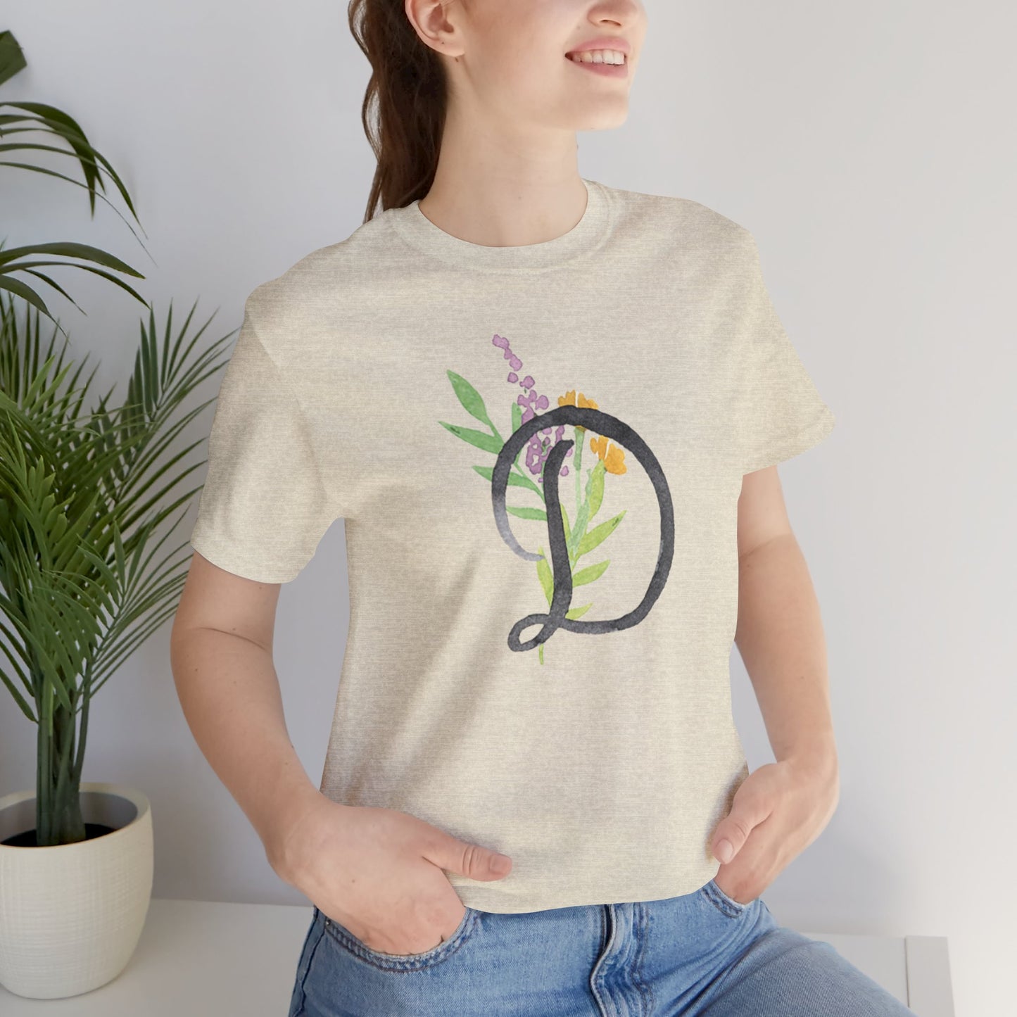 Clothing Stuff > Shirts & Tops > Unisex Jersey Tee Watercolor Flower Letter D T-Shirt – Garden Nerd Tee for Plant Moms