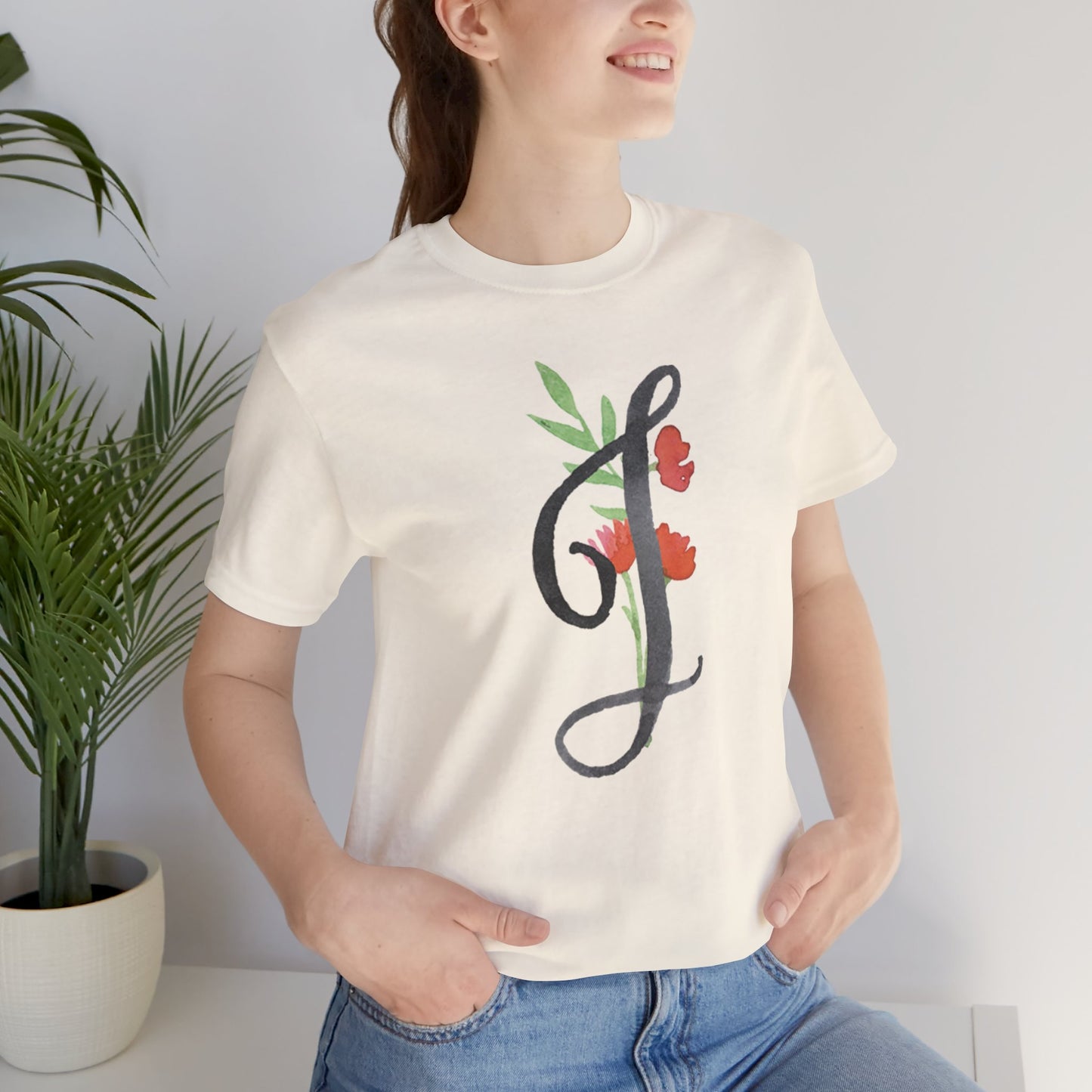 Clothing Stuff > Shirts & Tops > Unisex Jersey Tee Watercolor Flower Letter J T-Shirt – Garden Nerd Tee for Plant Moms
