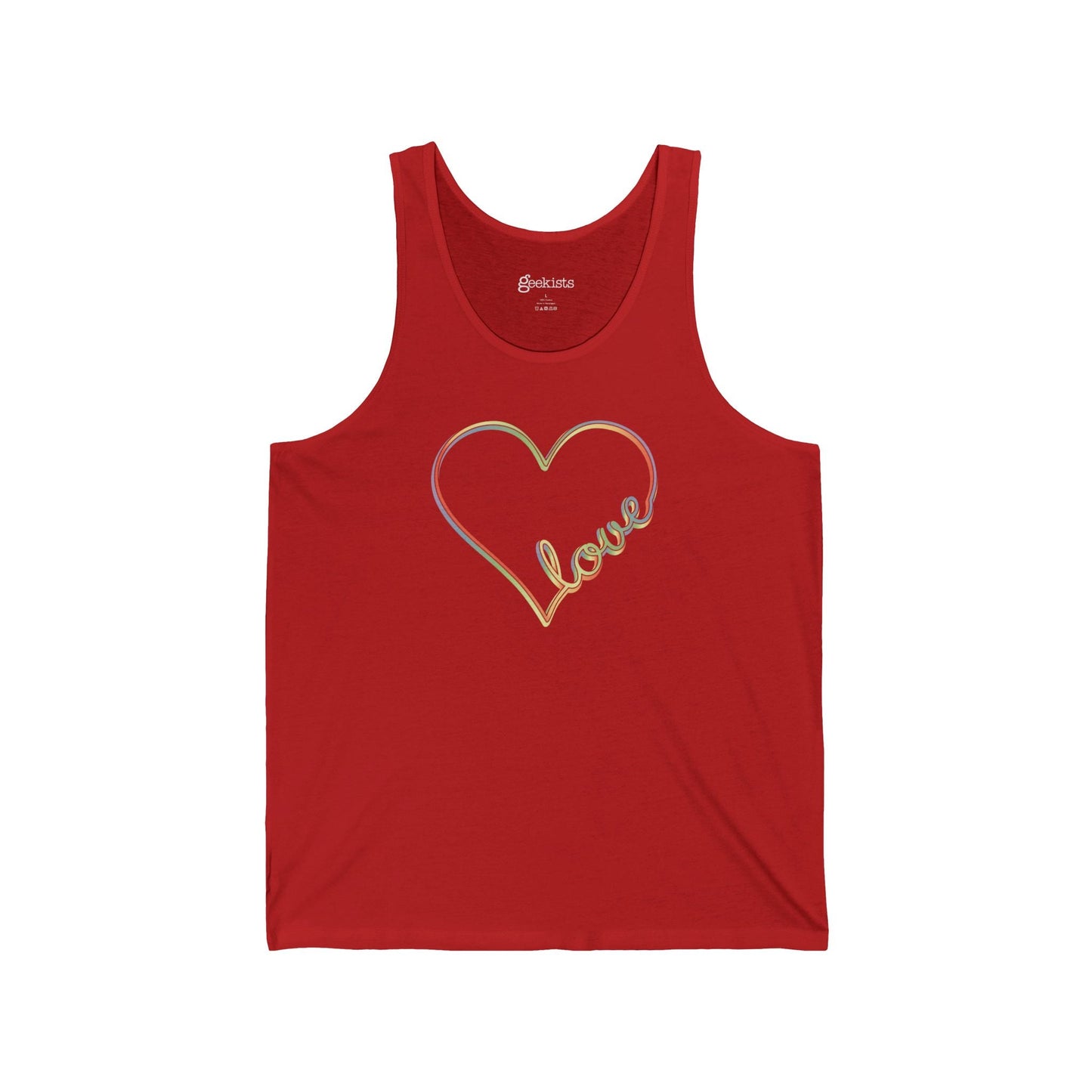 Unisex pastel heart tank top with rainbow love script, sleeveless aesthetic pride tee | variant