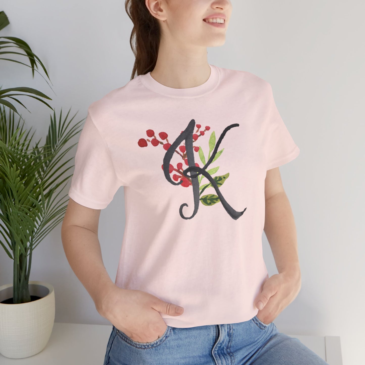Clothing Stuff > Shirts & Tops > Unisex Jersey Tee Watercolor Flower Letter K T-Shirt – Garden Nerd Tee for Plant Moms