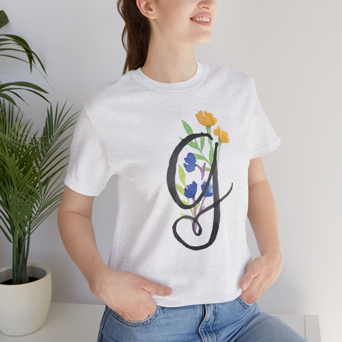 Clothing Stuff > Shirts & Tops > Unisex Jersey Tee Watercolor Flower Letter G T-Shirt – Garden Nerd Tee for Plant Moms