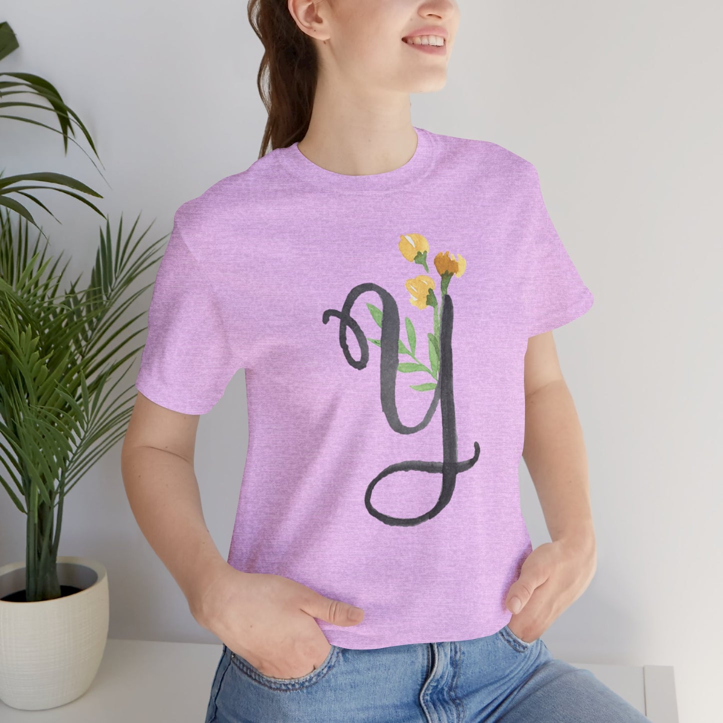 Clothing Stuff > Shirts & Tops > Unisex Jersey Tee Watercolor Flower Letter Y T-Shirt – Garden Nerd Tee for Plant Moms