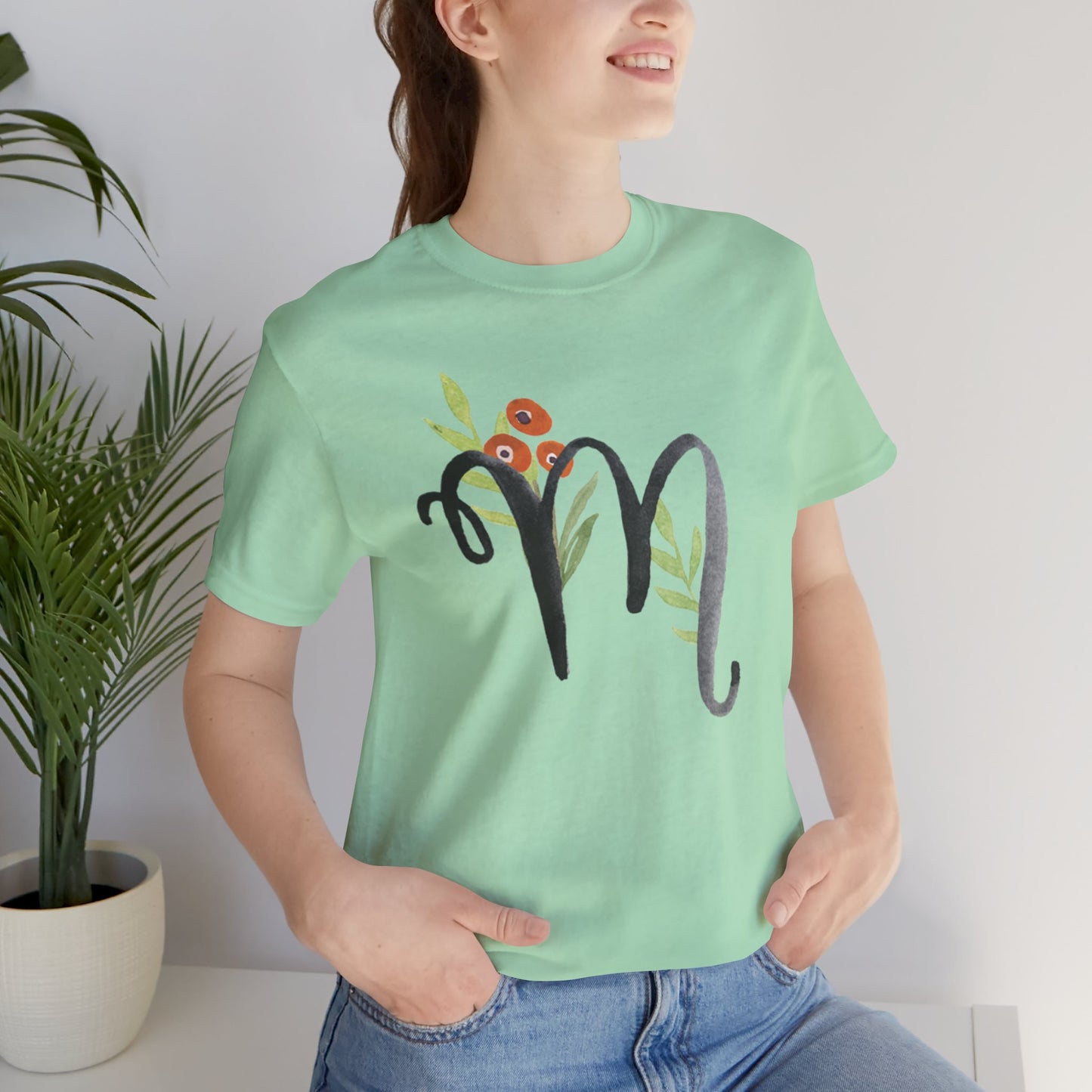 Clothing Stuff > Shirts & Tops > Unisex Jersey Tee Watercolor Flower Letter M T-Shirt – Garden Nerd Tee for Plant Moms