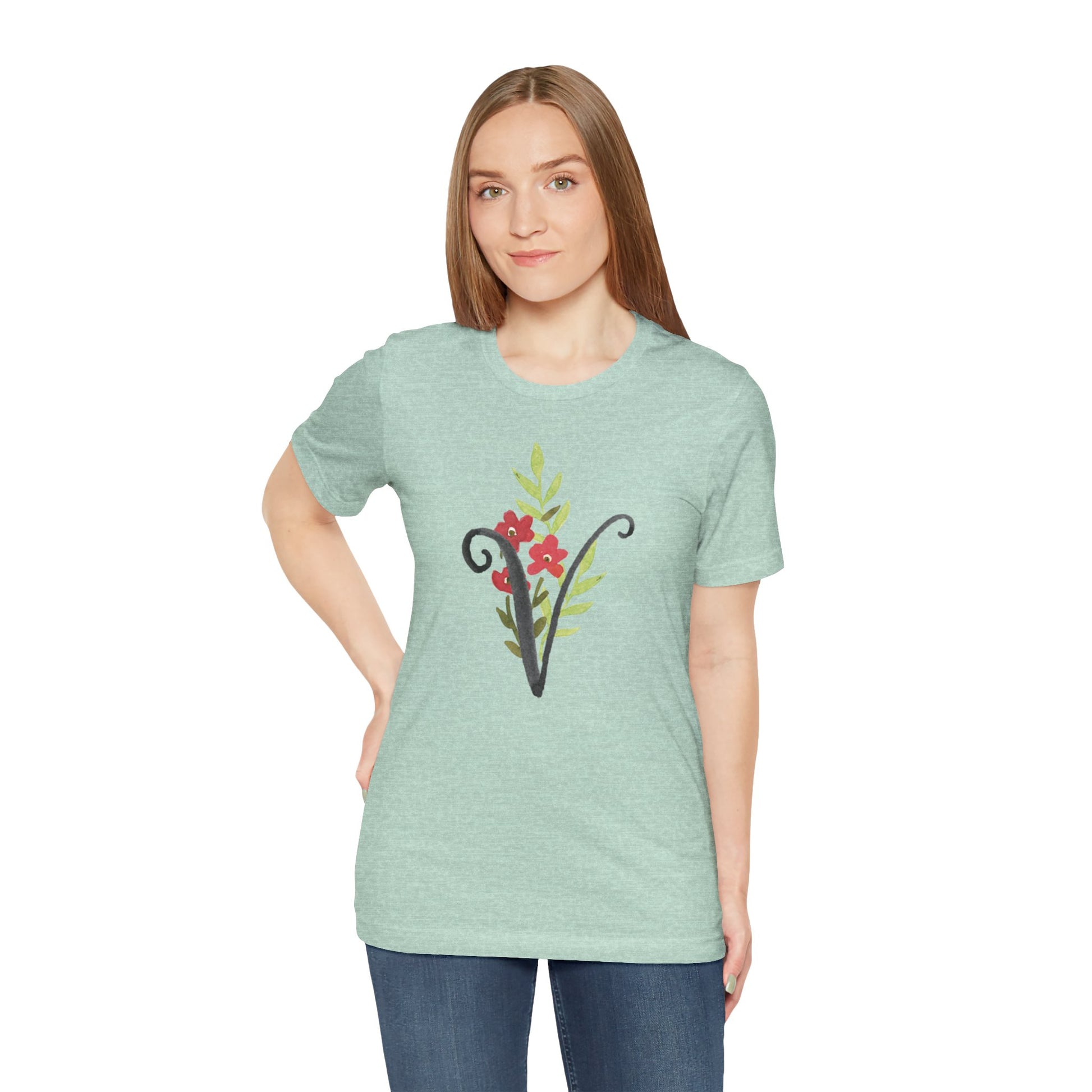 Clothing Stuff > Shirts & Tops > Unisex Jersey Tee Watercolor Flower Letter V T-Shirt – Garden Nerd Tee for Plant Moms