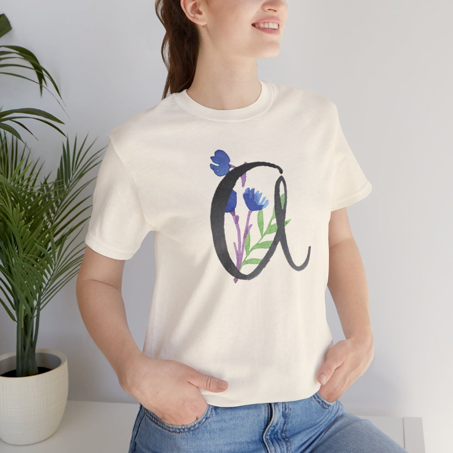 Clothing Stuff > Shirts & Tops > Unisex Jersey Tee Watercolor Flower Letter A T-Shirt – Garden Nerd Tee for Plant Moms