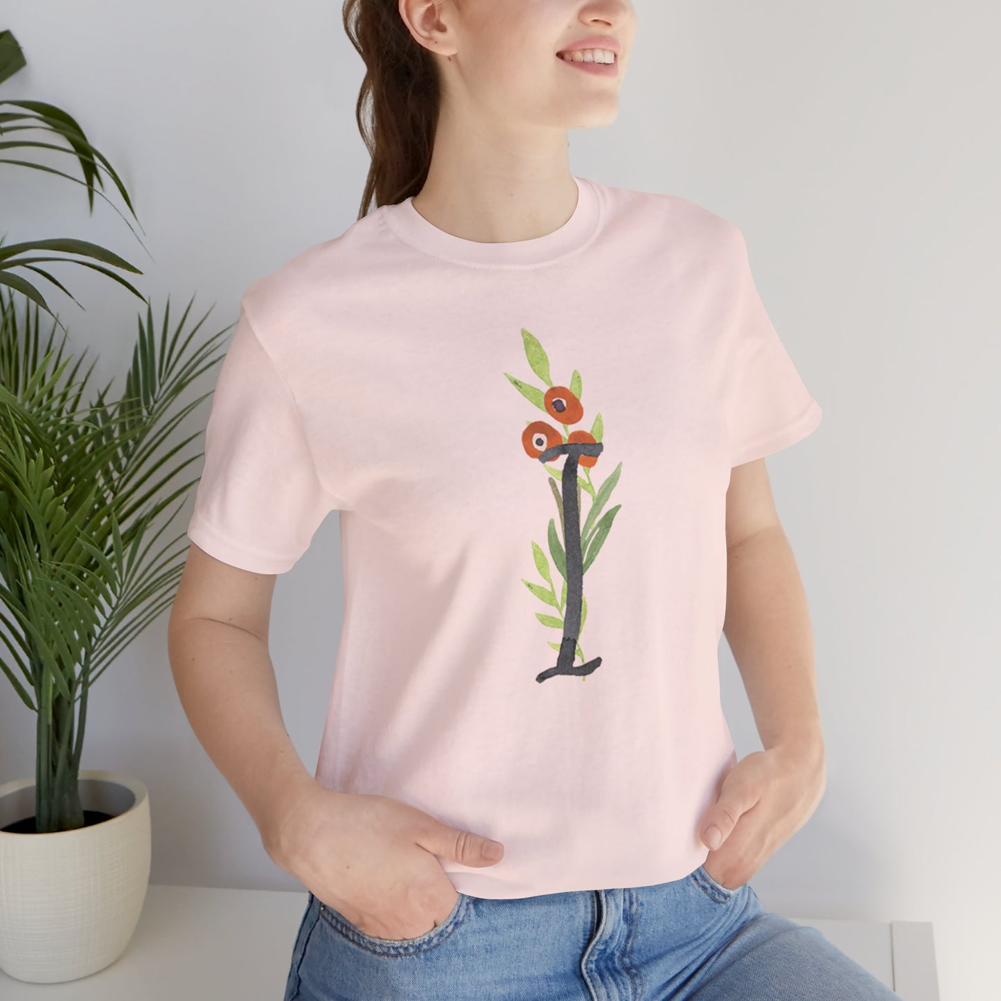 Clothing Stuff > Shirts & Tops > Unisex Jersey Tee Watercolor Flower Letter I T-Shirt – Garden Nerd Tee for Plant Moms