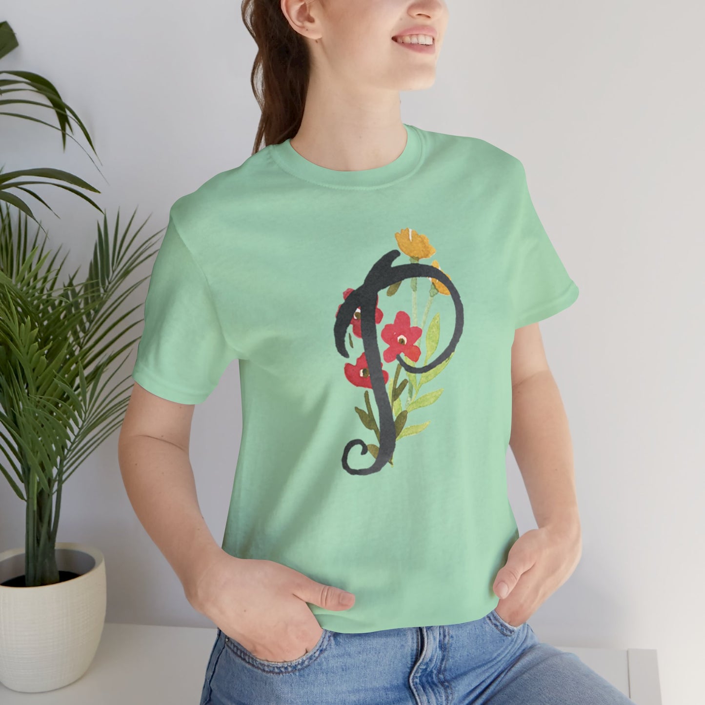 Clothing Stuff > Shirts & Tops > Unisex Jersey Tee Watercolor Flower Letter P T-Shirt – Garden Nerd Tee for Plant Moms