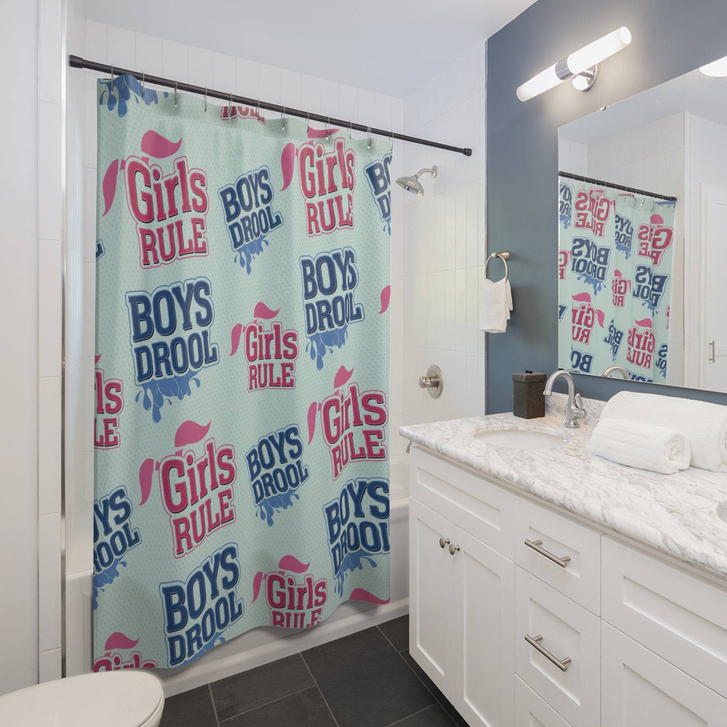 Girls Rule, Boys Drool — Fabric Shower Curtain — Quick-Dry Polyester, Standard 71×74 in, Retro Polkadot Pattern