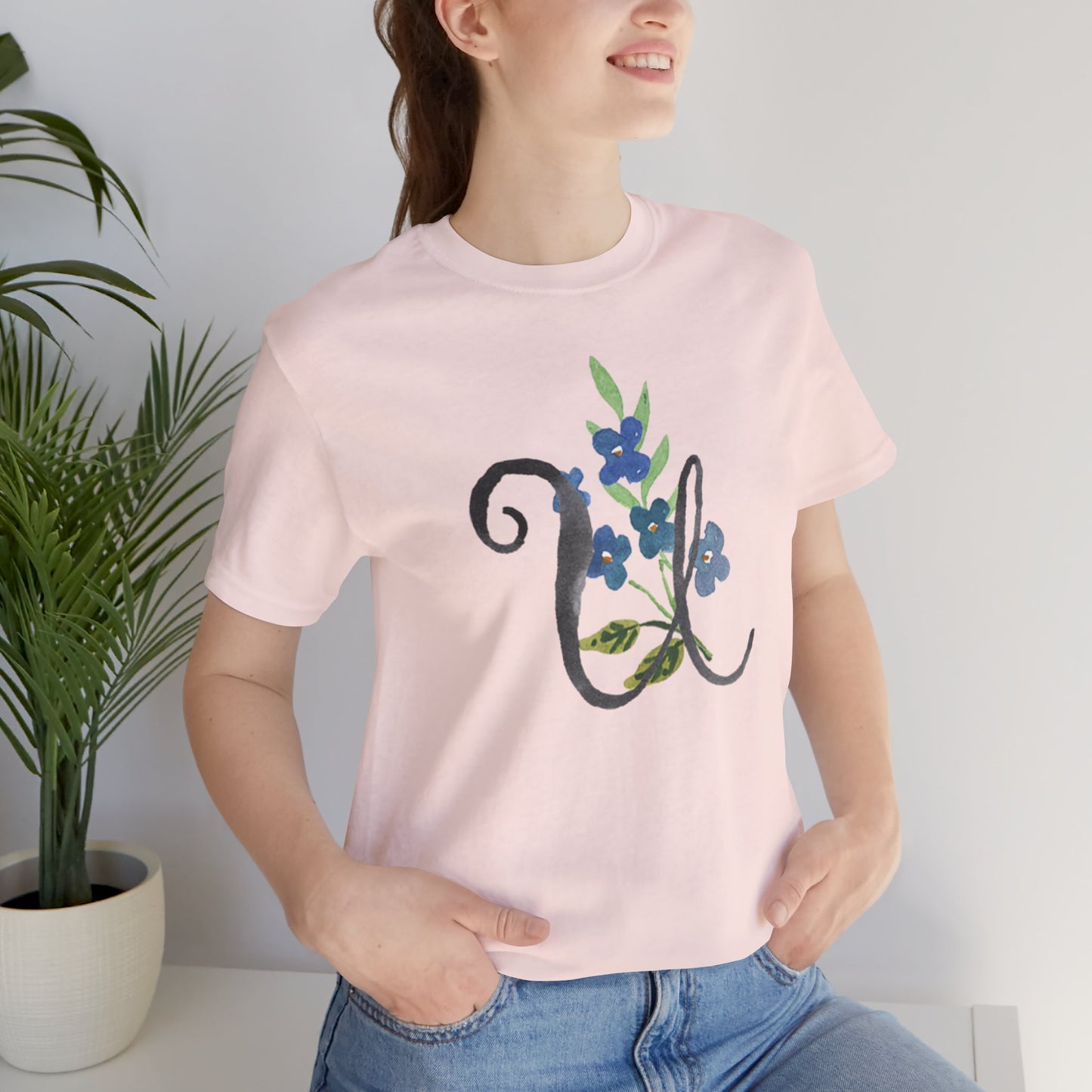 Clothing Stuff > Shirts & Tops > Unisex Jersey Tee Watercolor Flower Letter U T-Shirt – Garden Nerd Tee for Plant Moms
