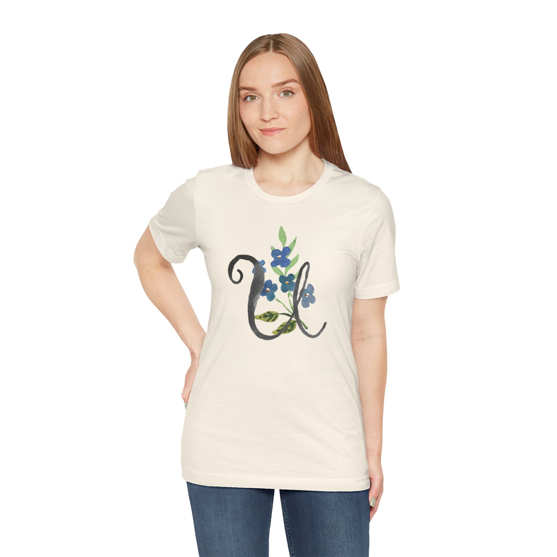Clothing Stuff > Shirts & Tops > Unisex Jersey Tee Watercolor Flower Letter U T-Shirt – Garden Nerd Tee for Plant Moms