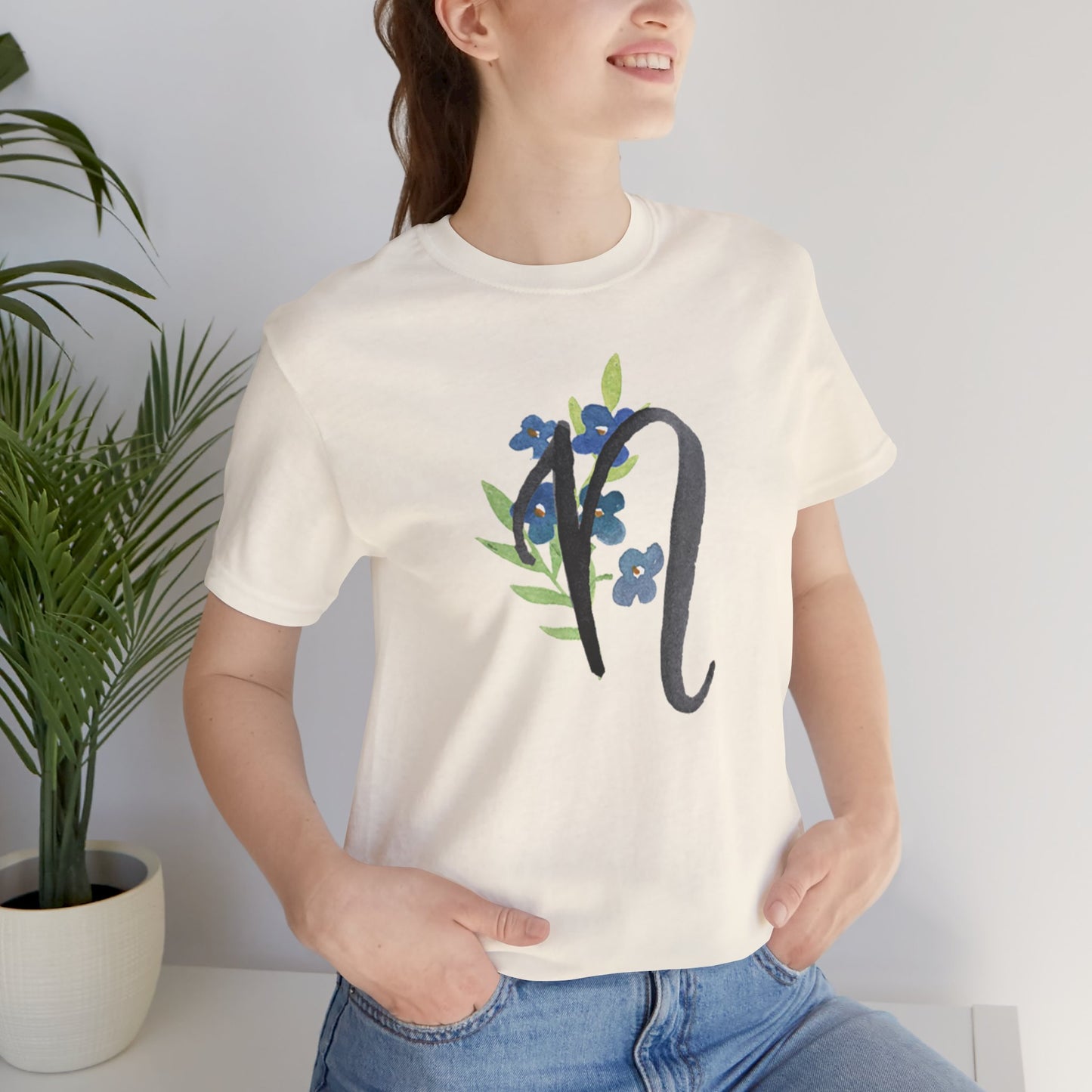 Clothing Stuff > Shirts & Tops > Unisex Jersey Tee Watercolor Flower Letter N T-Shirt – Garden Nerd Tee for Plant Moms