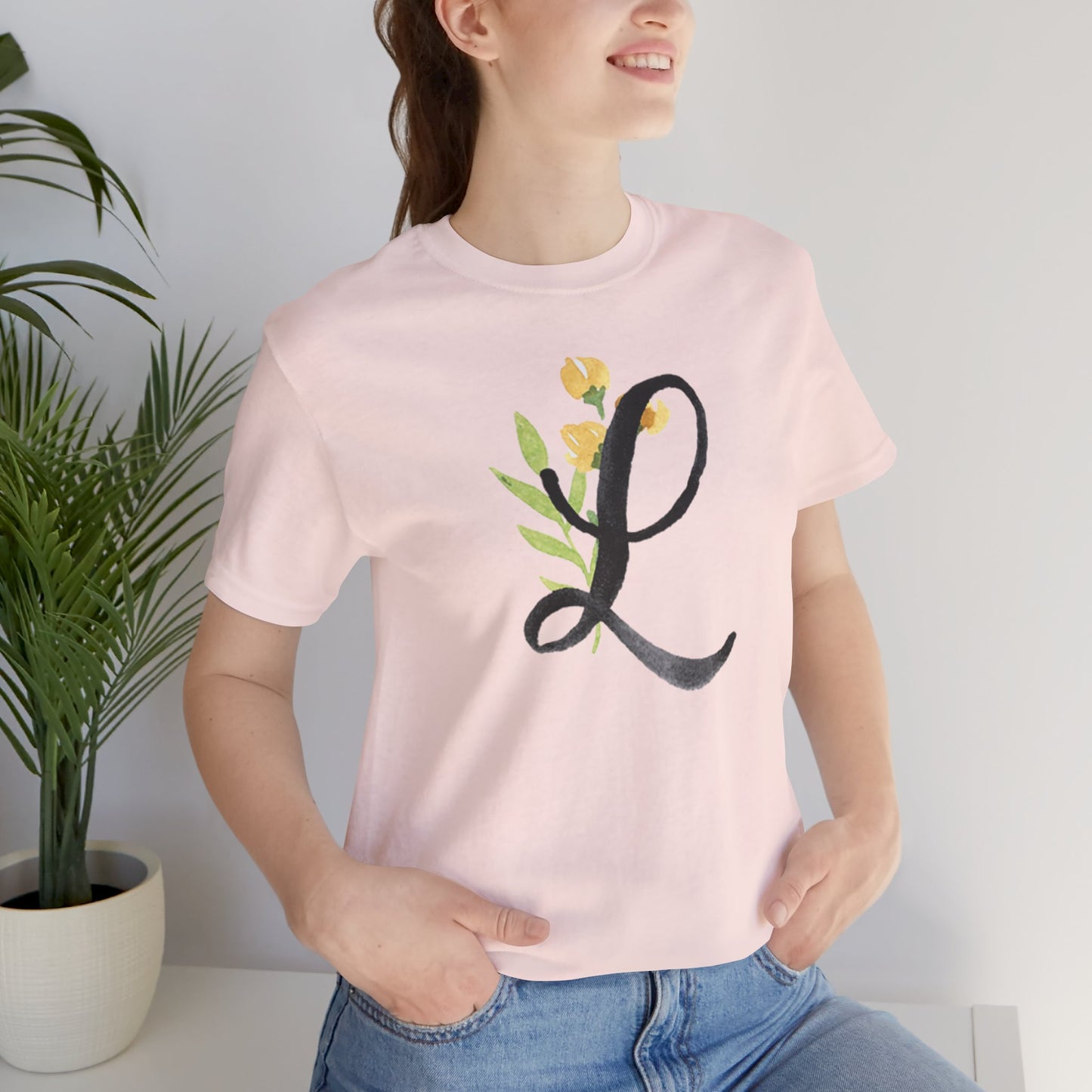 Clothing Stuff > Shirts & Tops > Unisex Jersey Tee Watercolor Flower Letter L T-Shirt – Garden Nerd Tee for Plant Moms