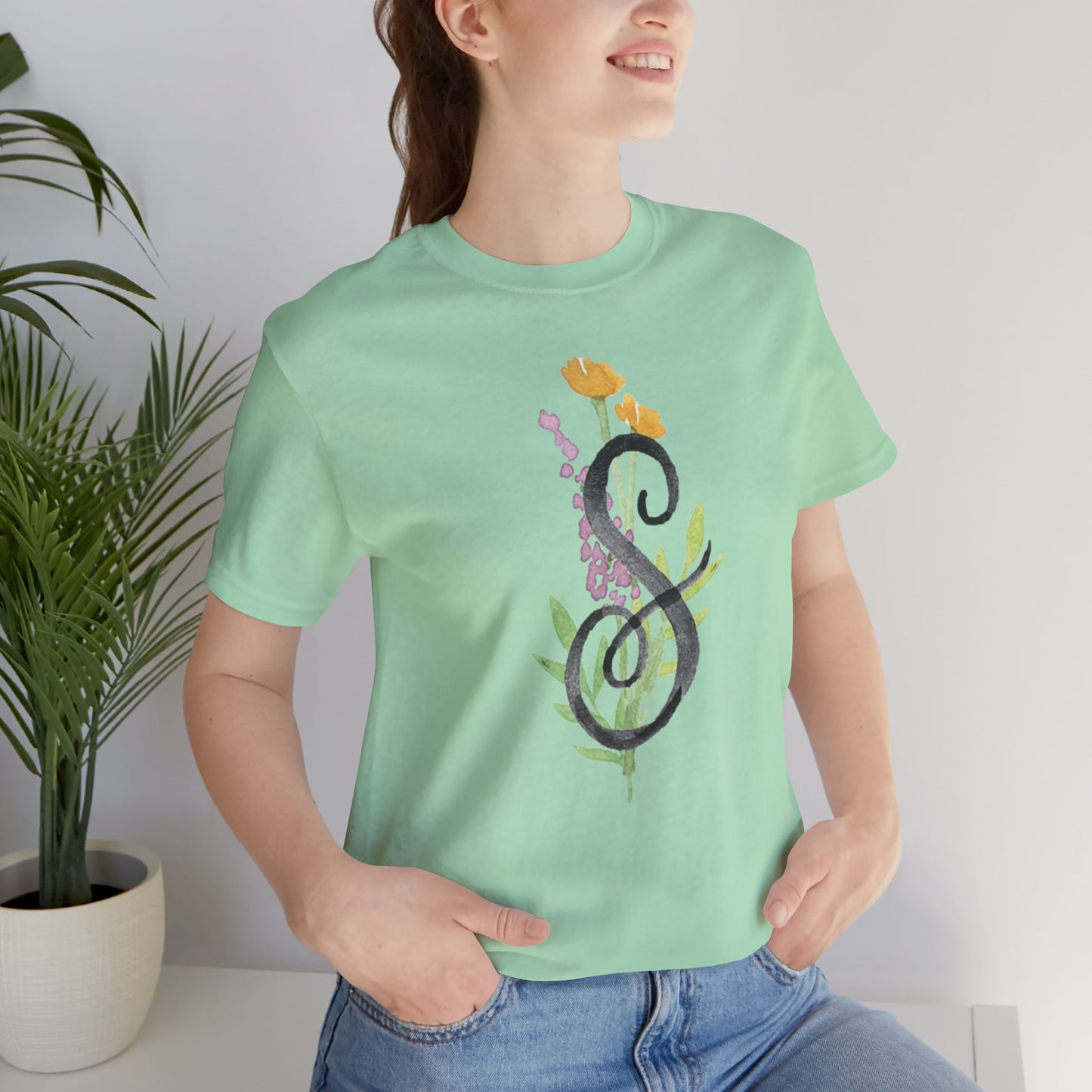 Clothing Stuff > Shirts & Tops > Unisex Jersey Tee Watercolor Flower Letter S T-Shirt – Garden Nerd Tee for Plant Moms