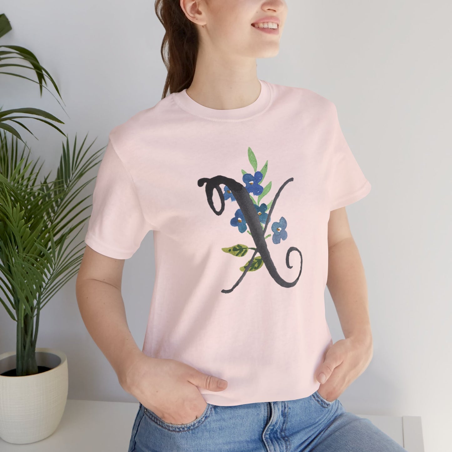 Clothing Stuff > Shirts & Tops > Unisex Jersey Tee Watercolor Flower Letter X T-Shirt – Garden Nerd Tee for Plant Moms