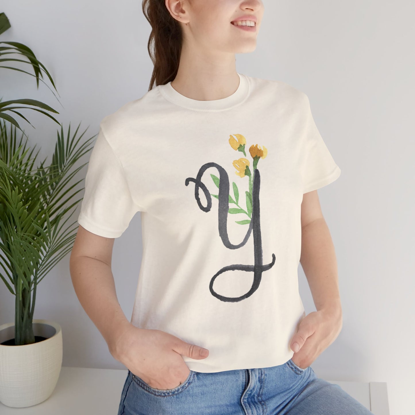Clothing Stuff > Shirts & Tops > Unisex Jersey Tee Watercolor Flower Letter Y T-Shirt – Garden Nerd Tee for Plant Moms