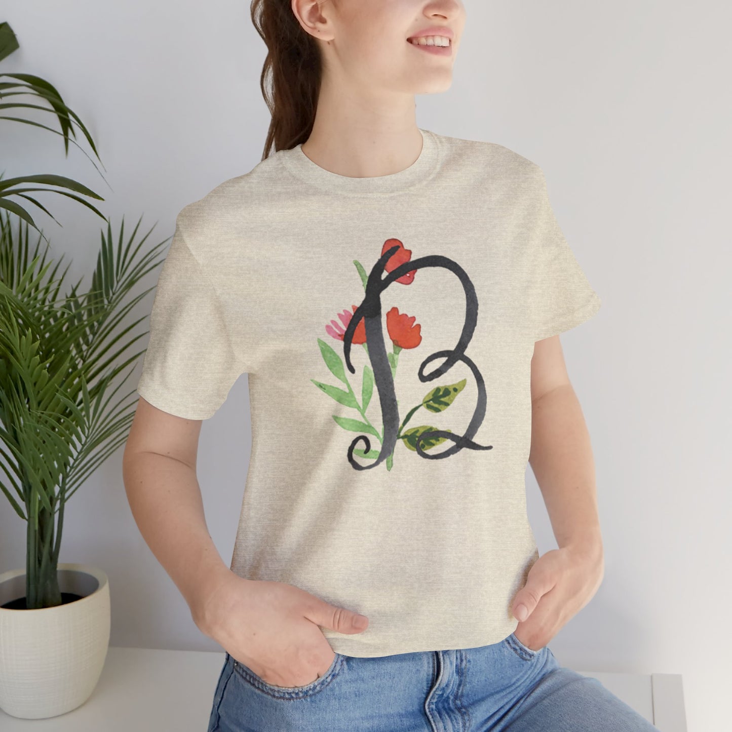 Clothing Stuff > Shirts & Tops > Unisex Jersey Tee Watercolor Flower Letter B T-Shirt – Garden Nerd Tee for Plant Moms