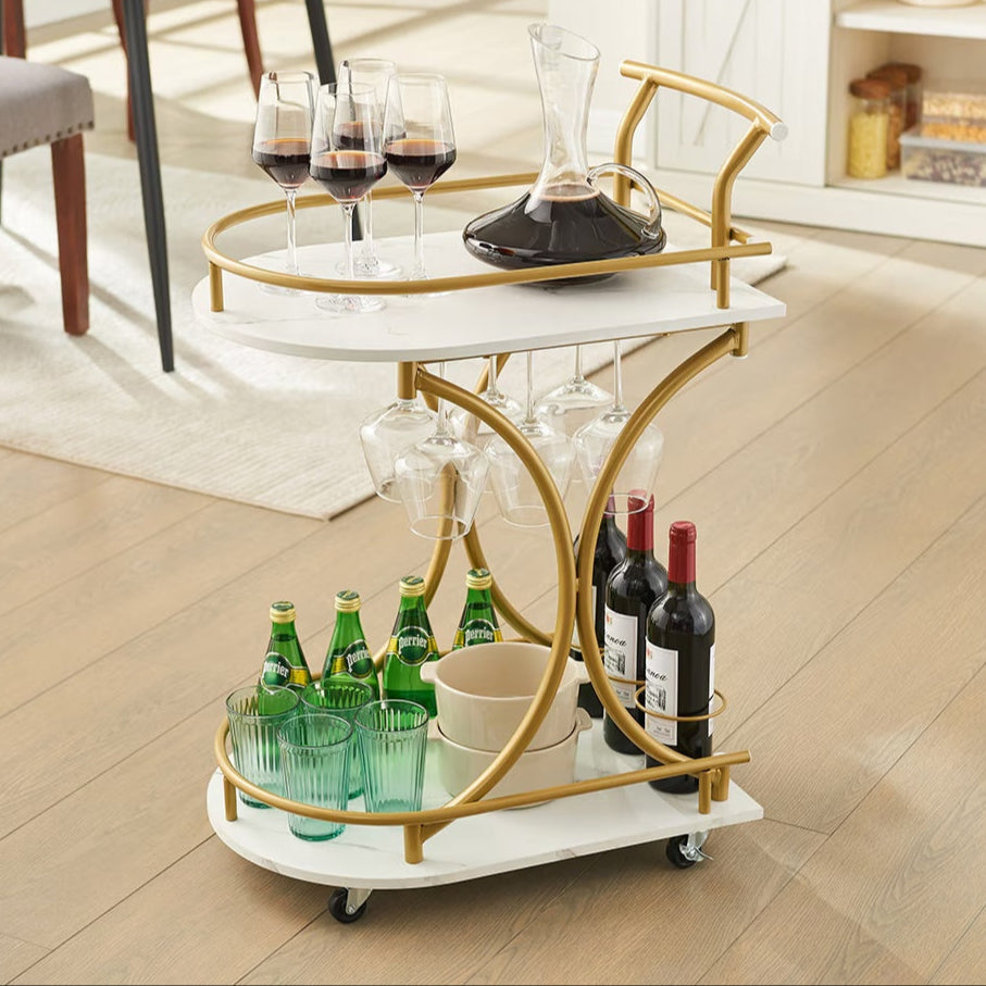 Gold & White Rolling Drink Cart | Chic Bar Console for Stylish Apartment Living