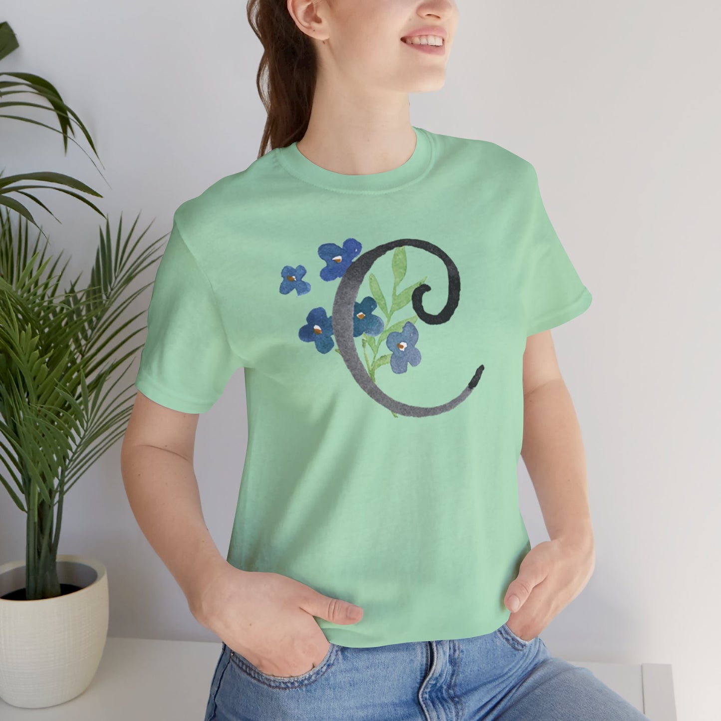 Clothing Stuff > Shirts & Tops > Unisex Jersey Tee Watercolor Flower Letter C T-Shirt – Garden Nerd Tee for Plant Moms