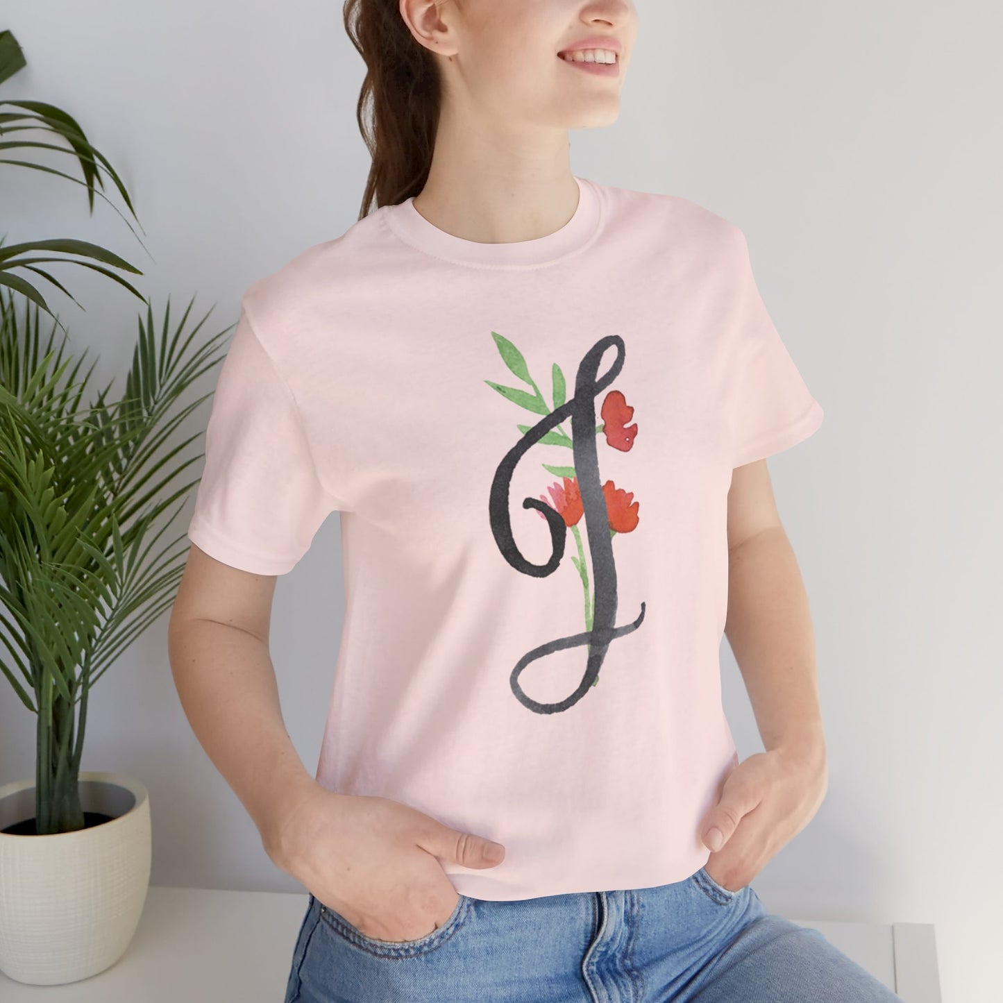 Clothing Stuff > Shirts & Tops > Unisex Jersey Tee Watercolor Flower Letter J T-Shirt – Garden Nerd Tee for Plant Moms