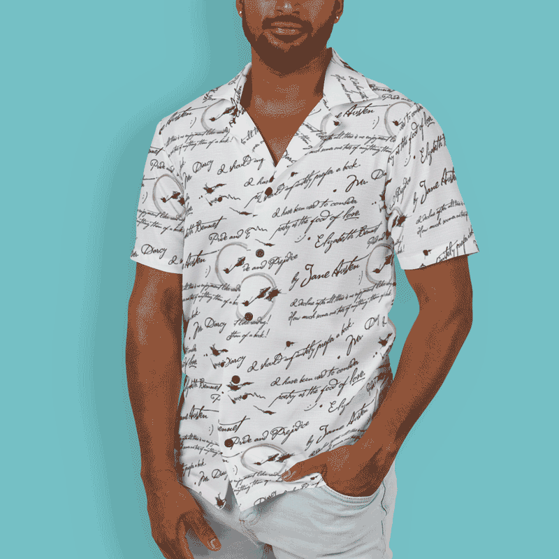 Bibliophile Manuscript Pattern Classic Reader Hawaiian Camp Shirt