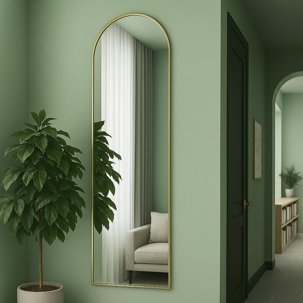 Home Decor Arched Metal Mirror – Thin Frame Wall or Floor Mirror, 64” – Black or Gold