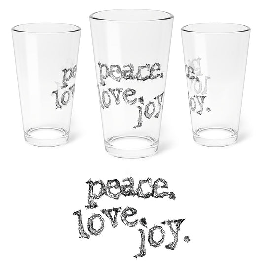 Home Stuff > Kitchen & Dining > 16oz Pint Glass Peace Love Joy Pint Glass | Atheist Holiday Humor – 16oz Drinking Glass